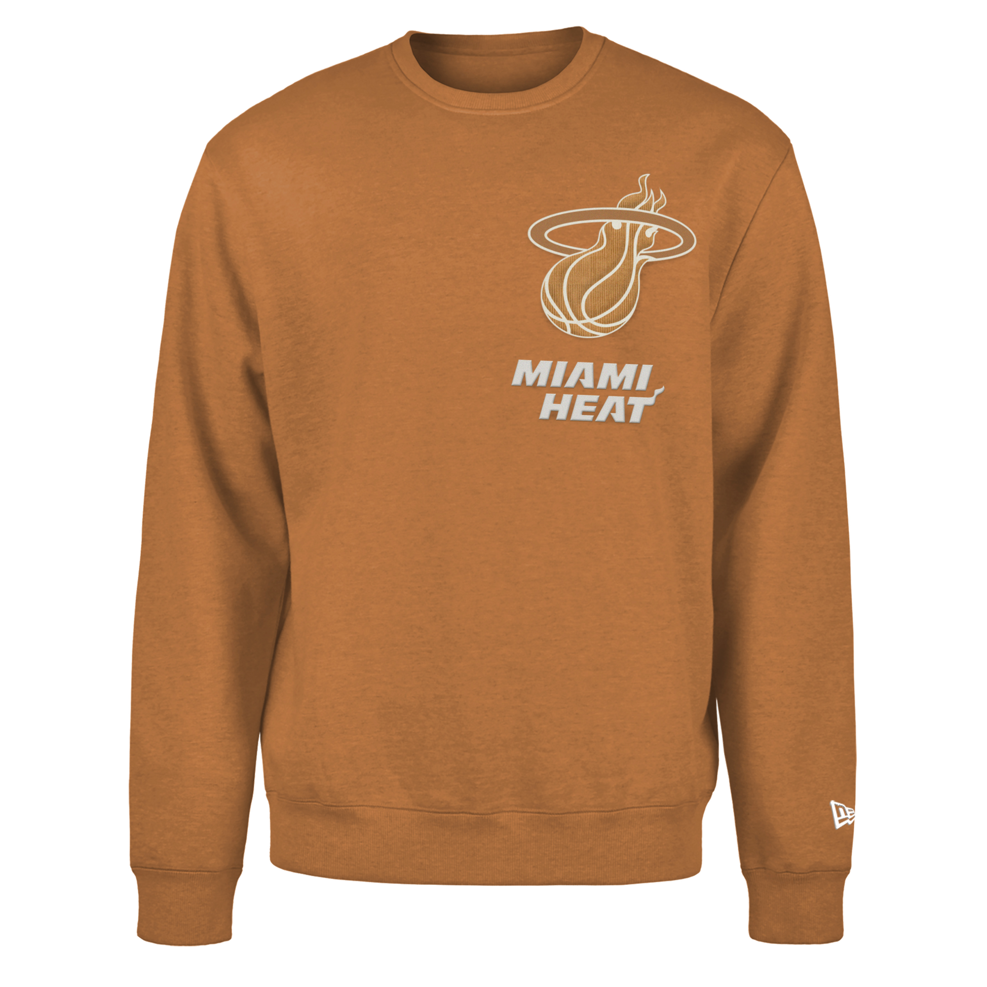 Tan crewneck sweatshirt with white Miami HEAT logo and text on front, ribbed cuffs and hem. - New Era Miami HEAT Tan Crewneck