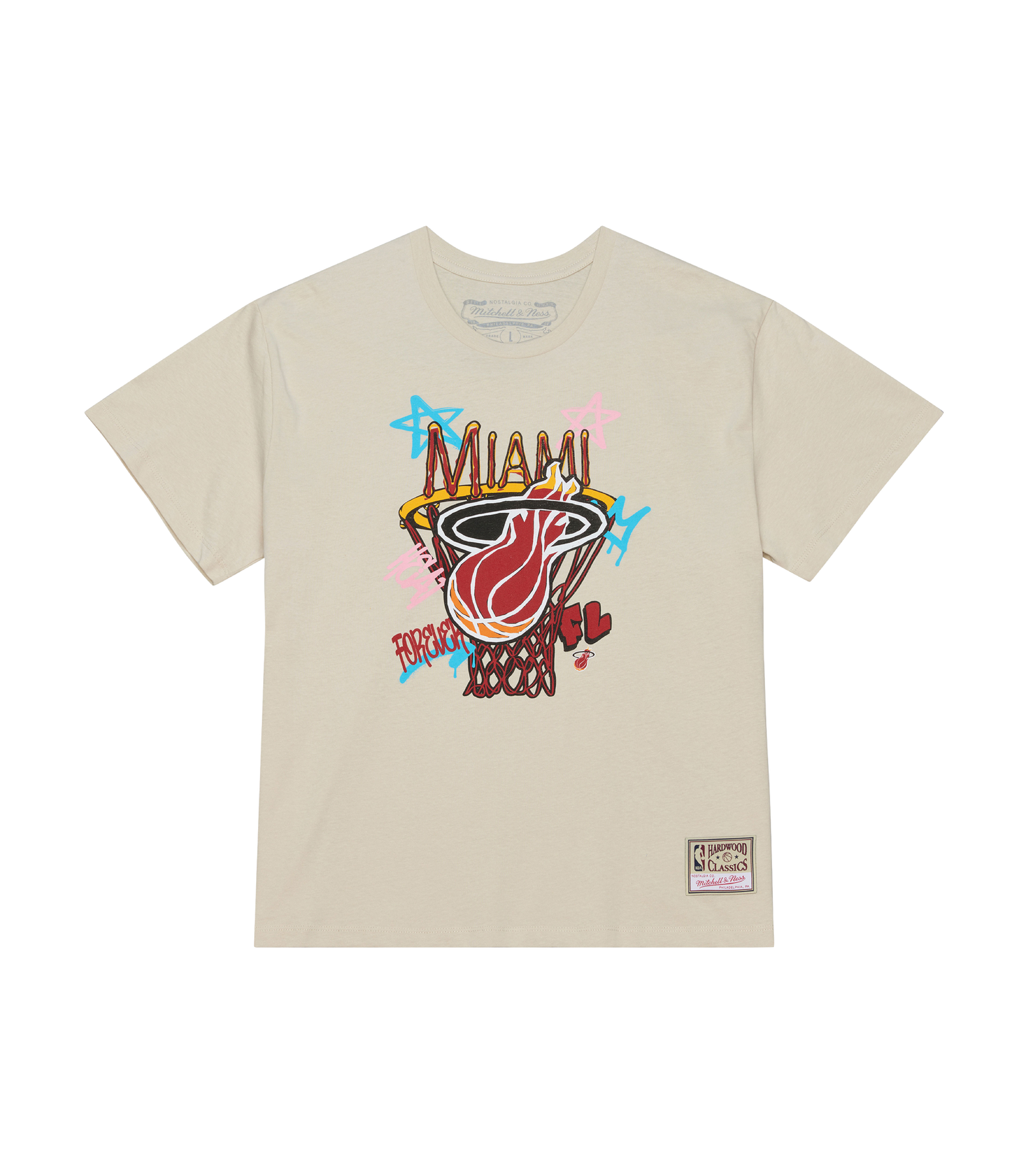 The Mitchell & Ness Miami HEAT City Dreams Boxy Tee features a colorful, graffiti-style team logo and text on beige 100% cotton, with an embroidered patch at the hem. Standard fit and machine washable for easy care.