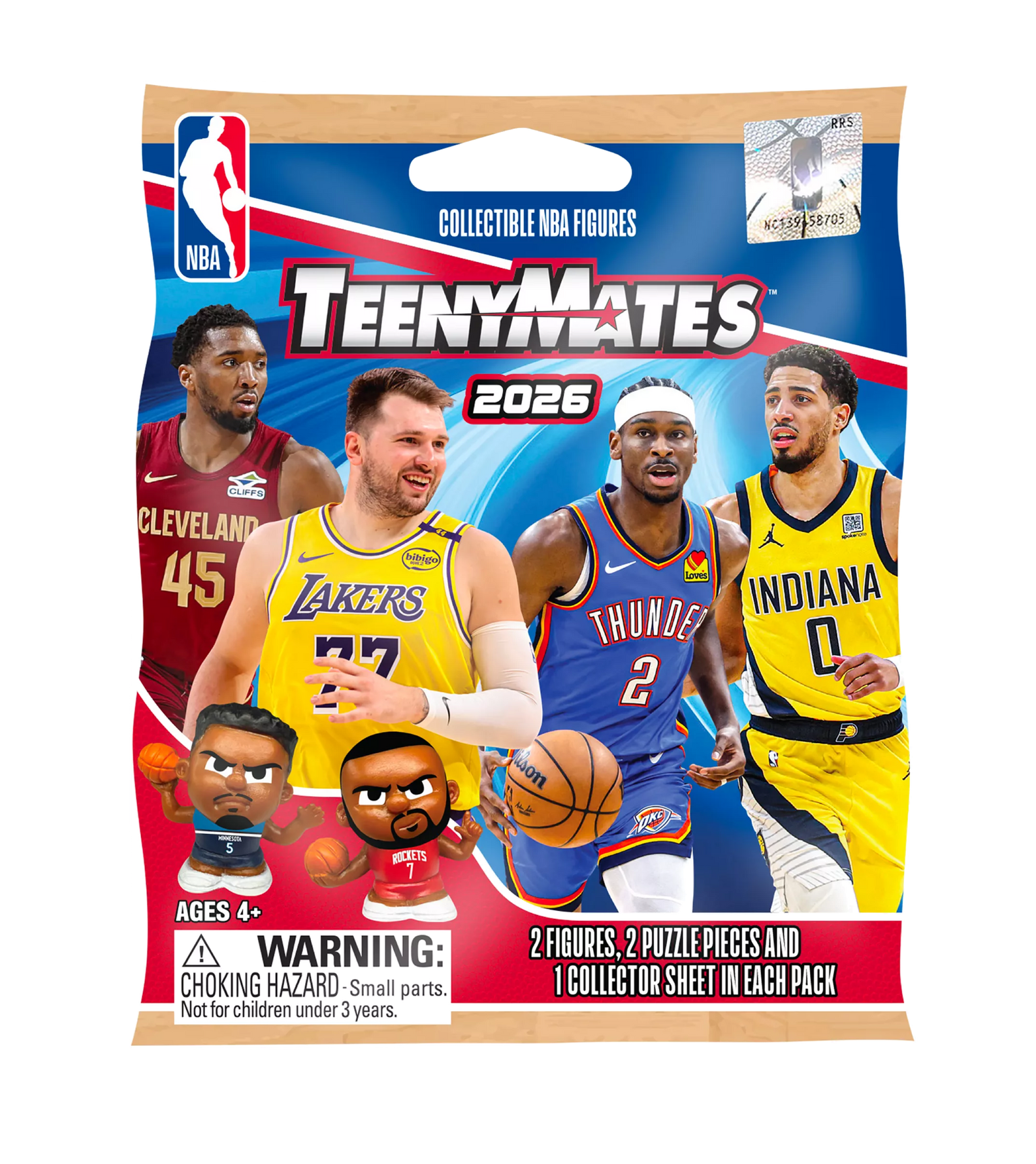 The Party Animal TeenyMates NBA League Blind Pack Series 8 includes two player figurines, puzzle pieces, images of four NBA players in uniform, and choking hazard warnings for ages 4+.