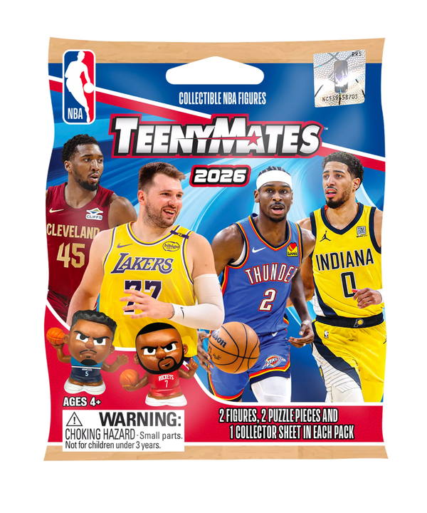The Party Animal TeenyMates NBA League Blind Pack Series 8 includes two player figurines, puzzle pieces, images of four NBA players in uniform, and choking hazard warnings for ages 4+.