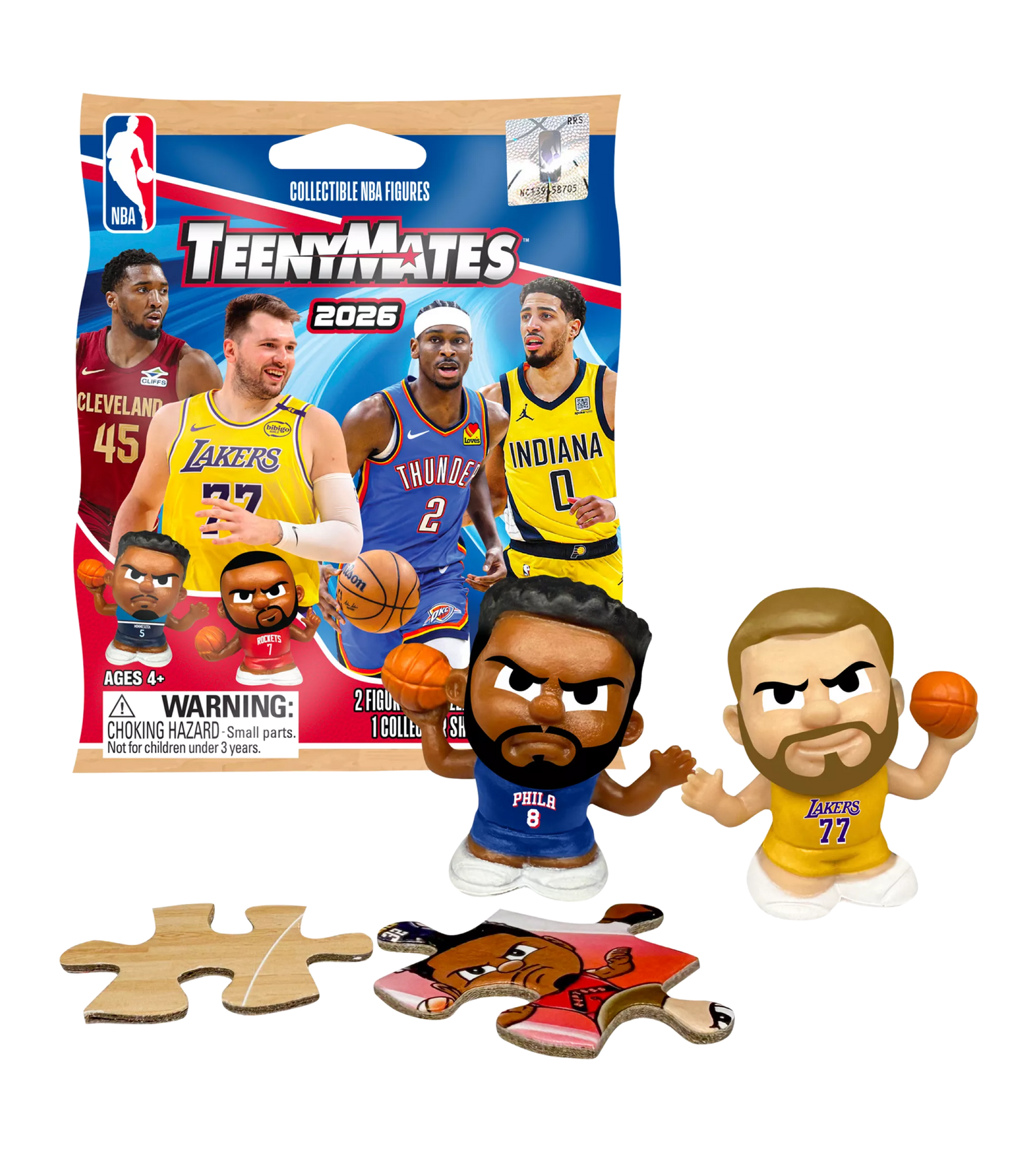 The Party Animal TeenyMates NBA League Blind Pack Series 8 includes two mini NBA player figures, a collector sheet, and two puzzle pieces, all with cartoon designs and displayed in front of the packaging.