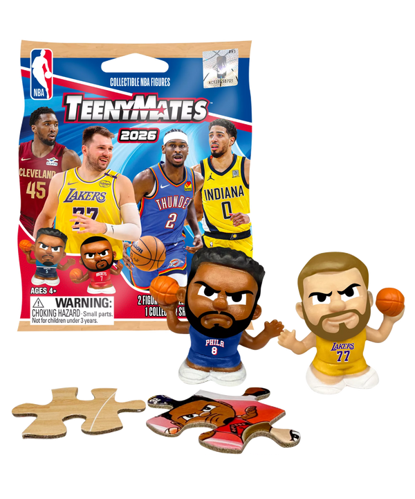 The Party Animal TeenyMates NBA League Blind Pack Series 8 includes two player figurines, puzzle pieces, images of four NBA players in uniform, and choking hazard warnings for ages 4+.