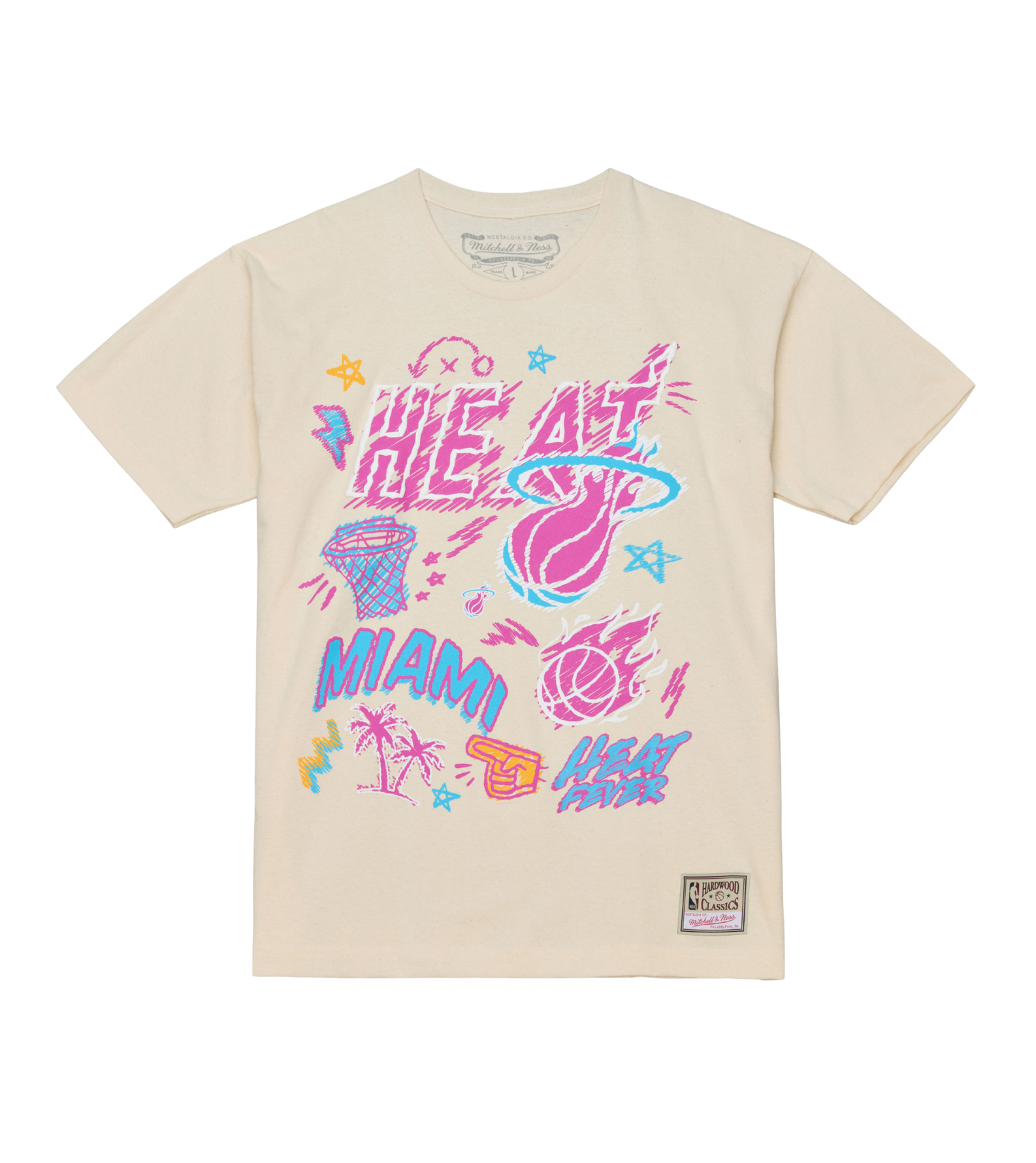 The Mitchell & Ness Miami HEAT Sketched Out Tee features colorful neon graphics and retro text like HEAT, MIAMI, palm trees, and a flaming basketball on beige 100% cotton. Standard fit with a Mitchell & Ness patch at the hem.