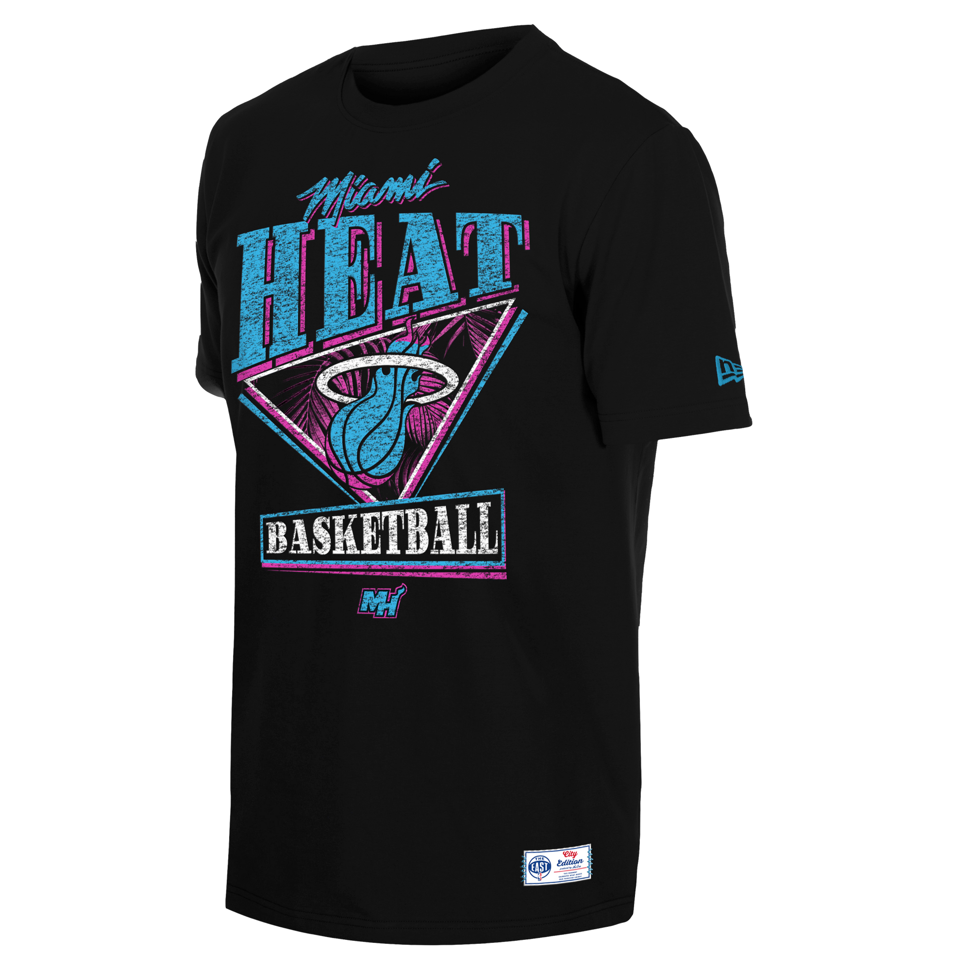 The New Era Miami HEAT Original Vice Nights Graphic Tee features a retro, colorful Miami Heat Basketball graphic with a basketball and flaming hoop logo in teal, pink, and white. Made from soft cotton. Machine wash cold.