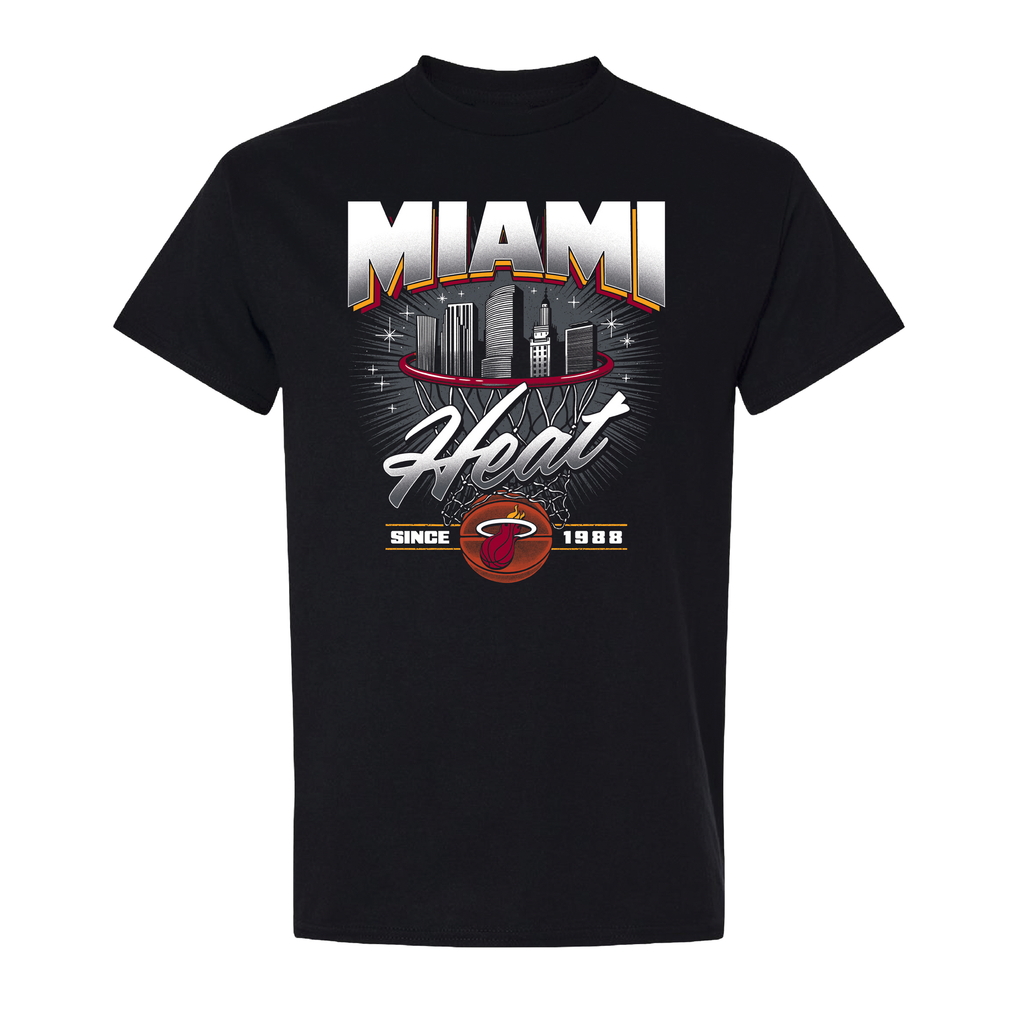 Show Miami Heat pride in comfort with the black Miami HEAT Retro Net Tee by Item Of The Game. This standard fit, machine washable cotton shirt features MIAMI Heat text, skyline, basketball graphic, 
