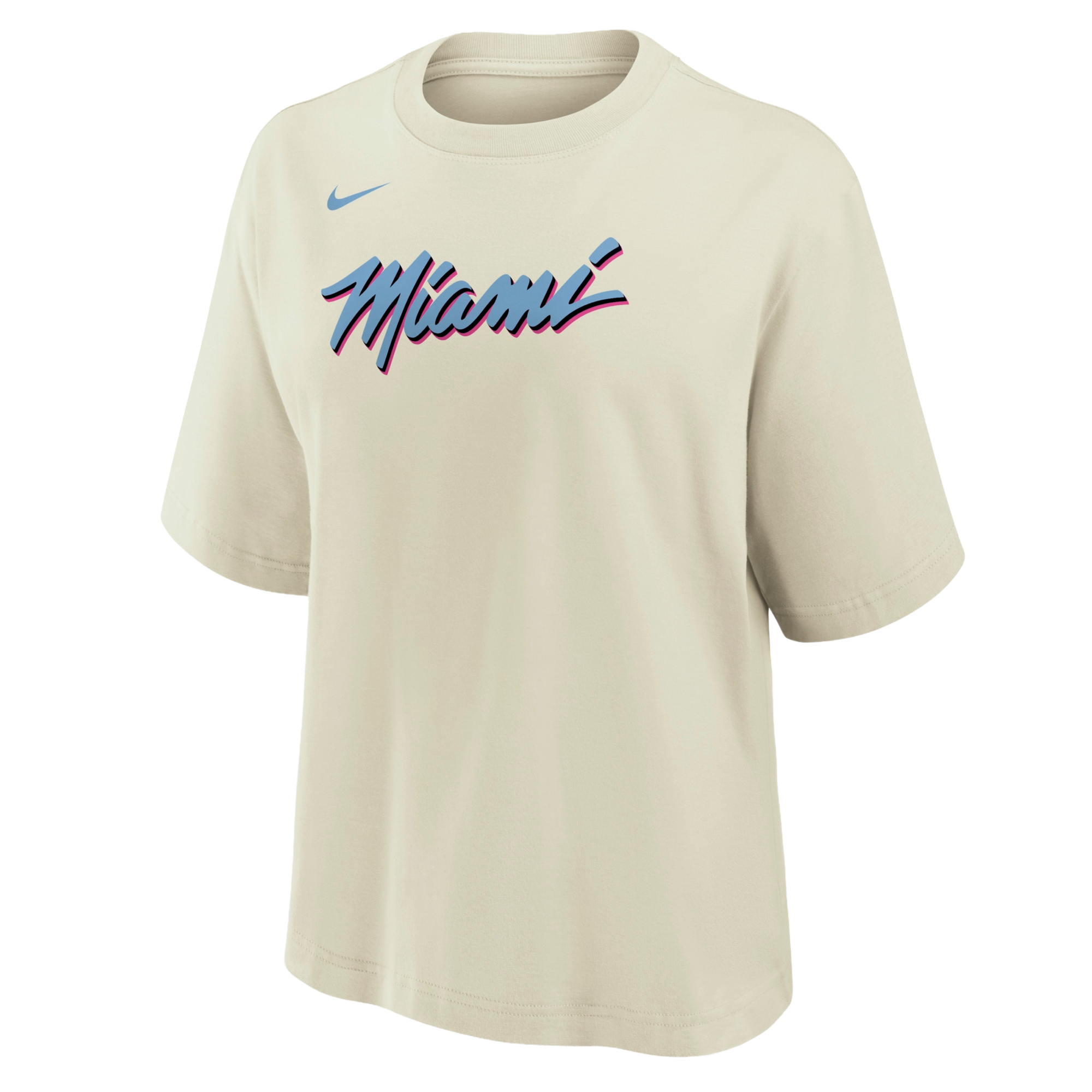 The Nike Miami HEAT Original Vice Nights Women's Tee features a beige, loose fit with 