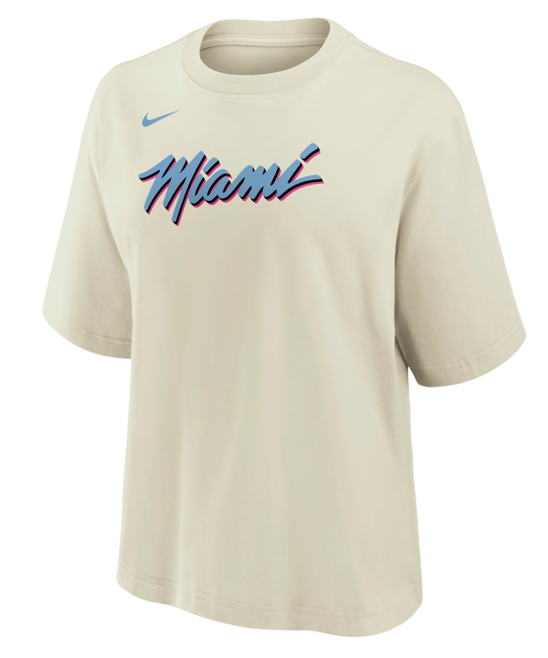 The Nike Miami HEAT Original Vice Nights Women's Tee features a beige, loose fit with 