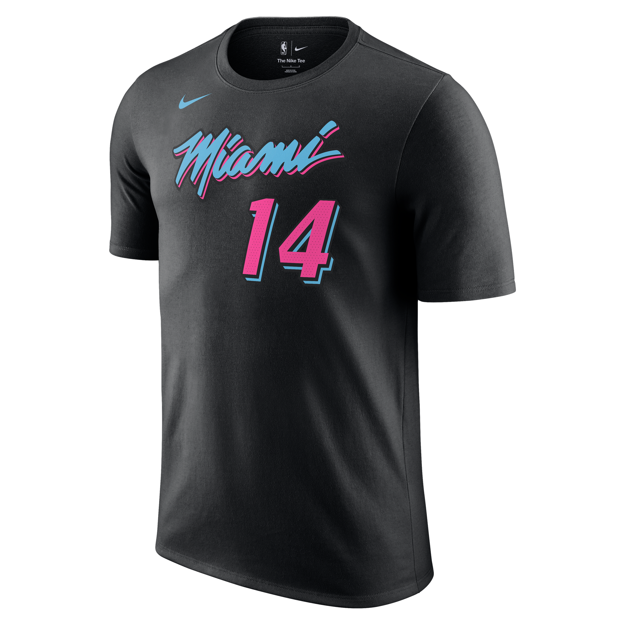The Nike Tyler Herro Original Vice Nights Name & Number Tee is a black, standard-fit cotton t-shirt with “Miami” in pink and teal, number 14 on the front, and NBA and Nike logos by the collar. Machine washable for easy care.