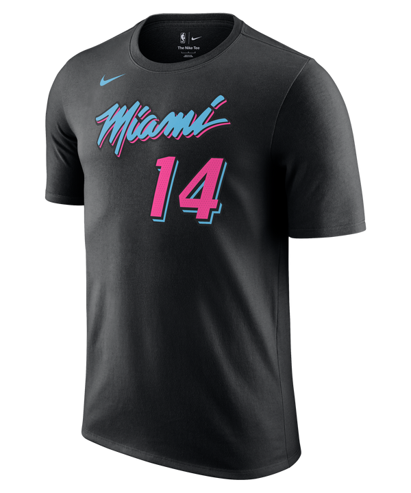 The Nike Tyler Herro Original Vice Nights Name & Number Tee is a black, standard-fit cotton t-shirt with “Miami” in pink and teal, number 14 on the front, and NBA and Nike logos by the collar. Machine washable for easy care.