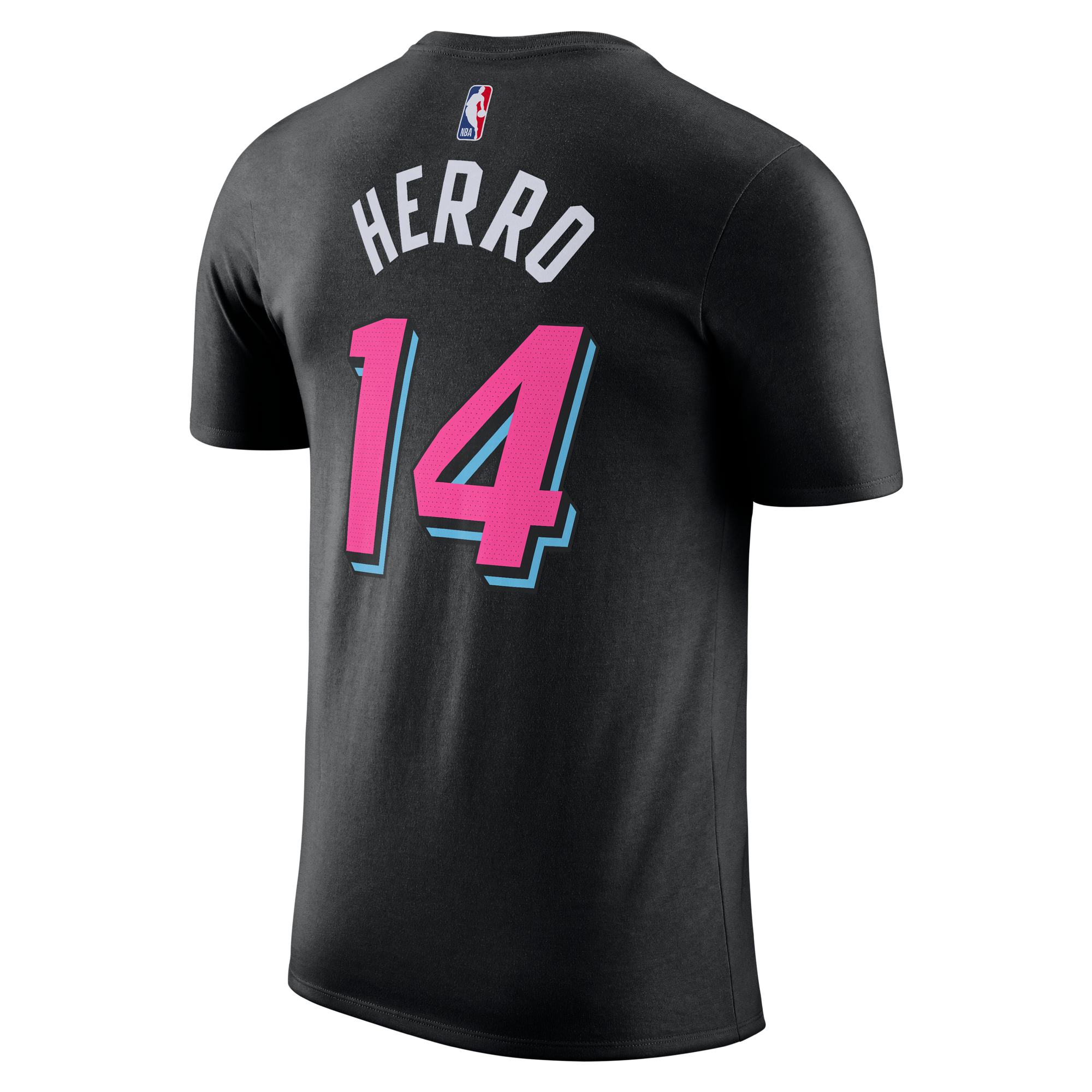 Back view of the Nike Tyler Herro Original Vice Nights Name & Number Tee: black cotton, standard fit, with HERRO and 14 in pink and blue outlined letters. Features the NBA logo at the top center and is machine washable.