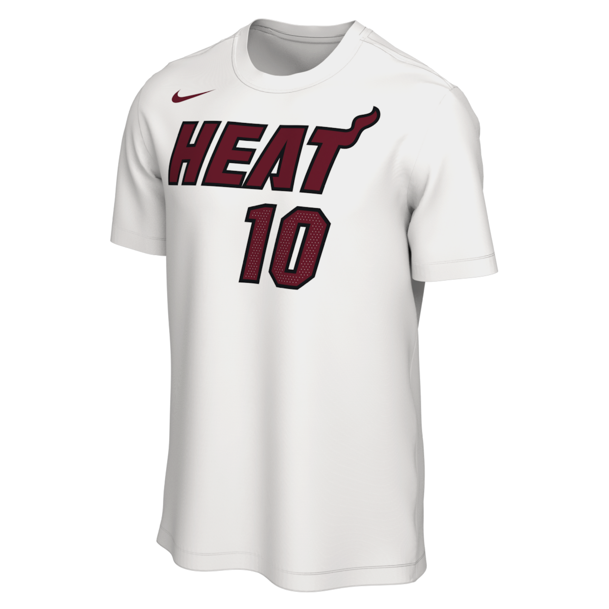 The Tim Hardaway Jr. Nike Miami HEAT Association White Name & Number Tee by Nike features vibrant screen print graphics, including “HEAT” in bold red letters and the number 10 below it on a classic white short-sleeve T-shirt. A small Nike logo is displayed on the right shoulder. Crafted from 100% cotton, this tee offers both comfort and style and is shown against a plain white background.