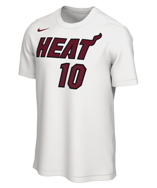 The Tim Hardaway Jr. Nike Miami HEAT Association White Name & Number Tee by Nike features vibrant screen print graphics, including “HEAT” in bold red letters and the number 10 below it on a classic white short-sleeve T-shirt. A small Nike logo is displayed on the right shoulder. Crafted from 100% cotton, this tee offers both comfort and style and is shown against a plain white background.