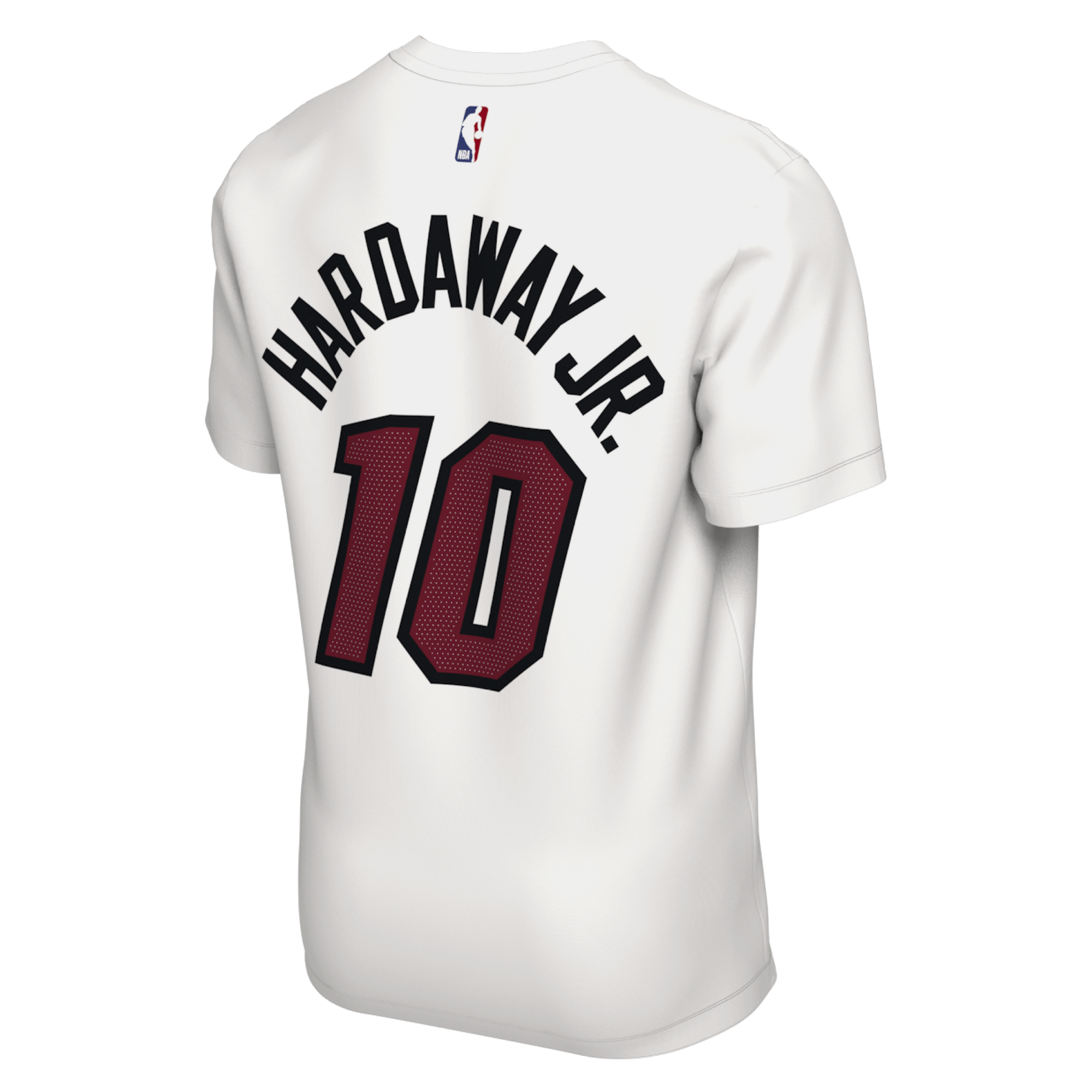 The Nike Miami HEAT Association White Name & Number Tee features a crisp white design crafted from 100% cotton. This shirt showcases black and red screen-printed graphics, including 