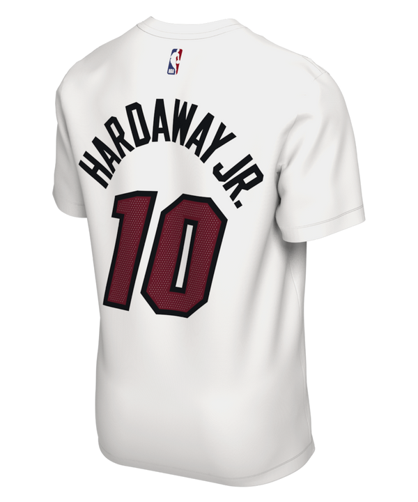 The Tim Hardaway Jr. Nike Miami HEAT Association White Name & Number Tee by Nike features vibrant screen print graphics, including “HEAT” in bold red letters and the number 10 below it on a classic white short-sleeve T-shirt. A small Nike logo is displayed on the right shoulder. Crafted from 100% cotton, this tee offers both comfort and style and is shown against a plain white background.
