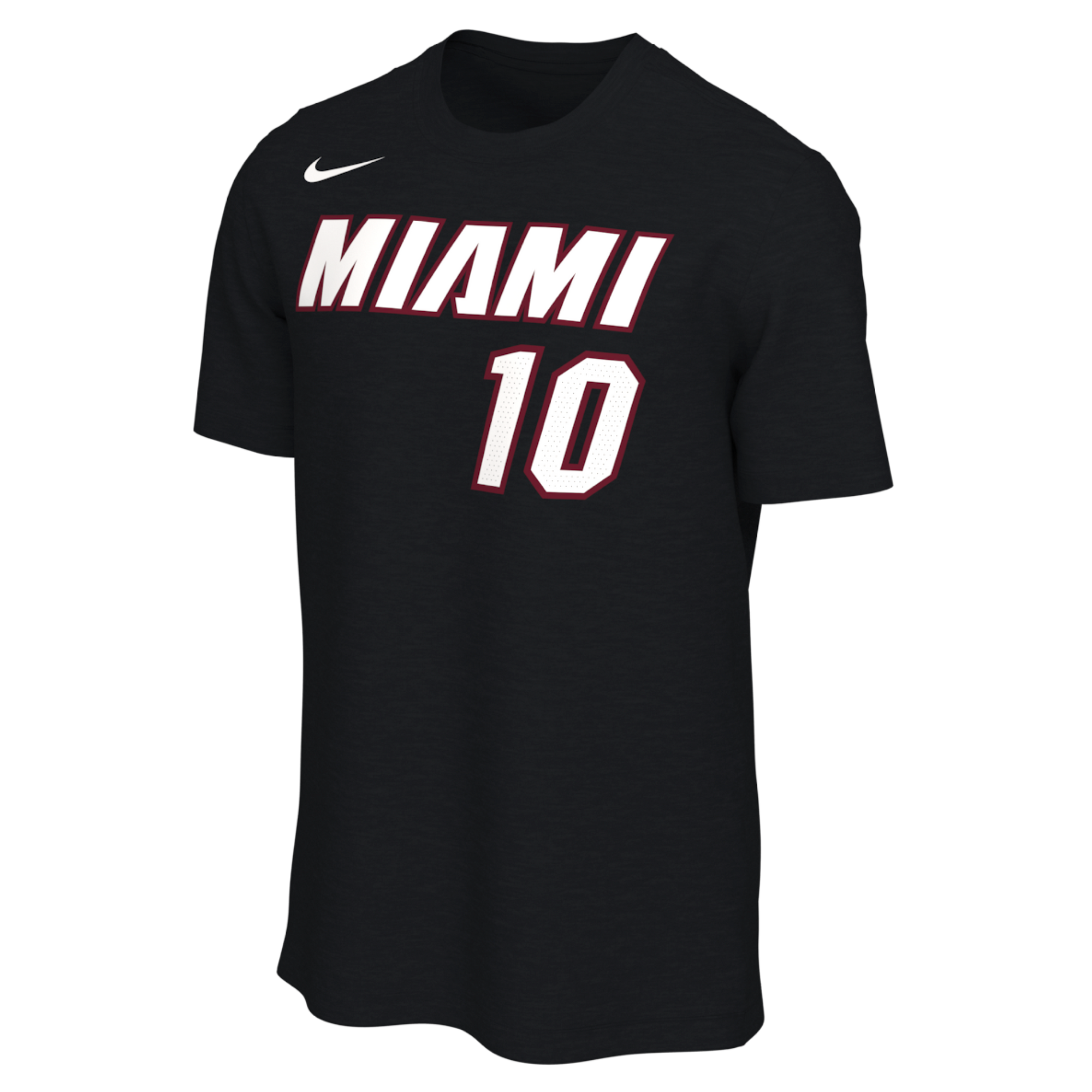 The Tim Hardaway Jr. Nike Miami HEAT Icon Black Name & Number Tee by Nike is a 100% cotton black T-shirt featuring bold MIAMI lettering in white and red with the number 10 screen-printed on the chest.
