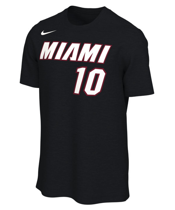 The Tim Hardaway Jr. Nike Miami HEAT Icon Black Name & Number Tee by Nike is a 100% cotton black T-shirt featuring bold MIAMI lettering in white and red with the number 10 screen-printed on the chest.