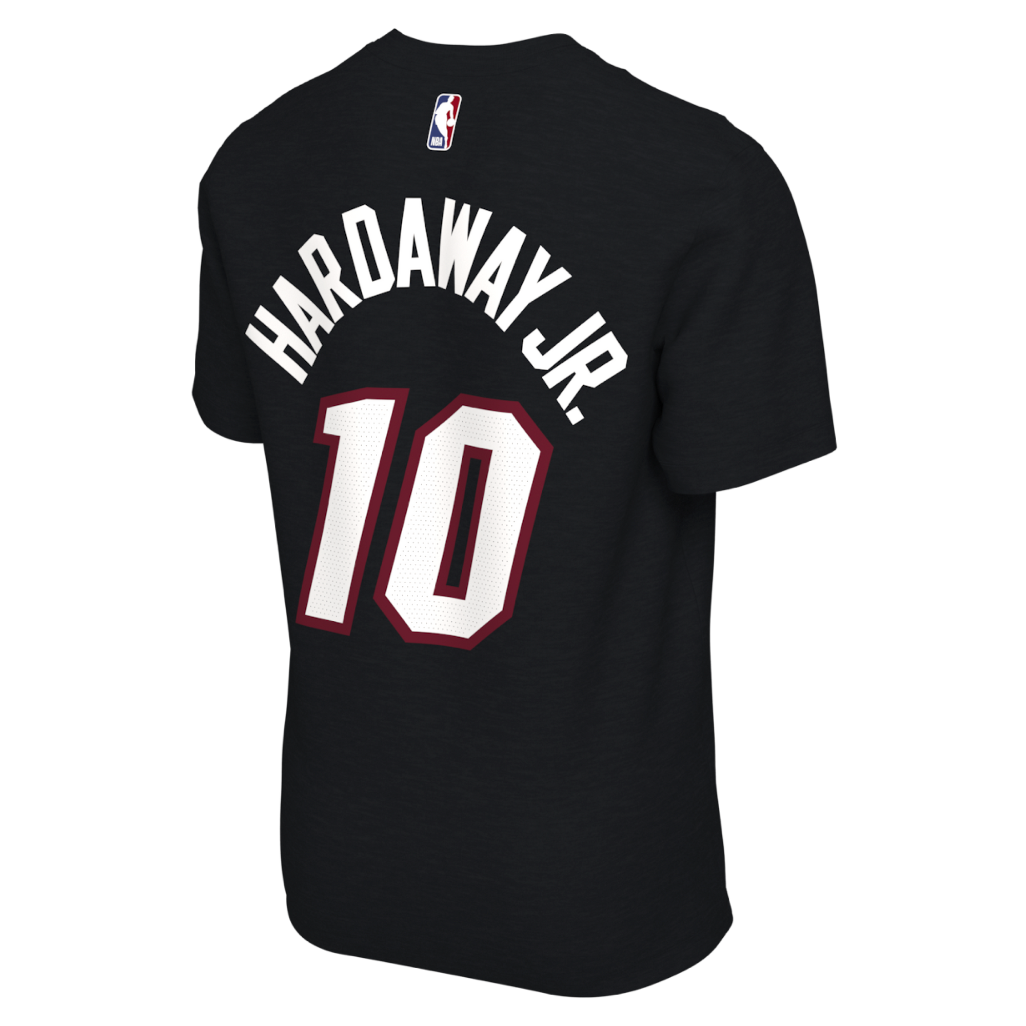 The Nike Tim Hardaway Jr. Miami HEAT Icon Black Name & Number Tee is a 100% cotton t-shirt featuring bold white and red screen printed graphics with 