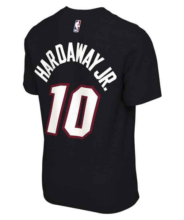 The Tim Hardaway Jr. Nike Miami HEAT Icon Black Name & Number Tee by Nike is a 100% cotton black T-shirt featuring bold MIAMI lettering in white and red with the number 10 screen-printed on the chest.