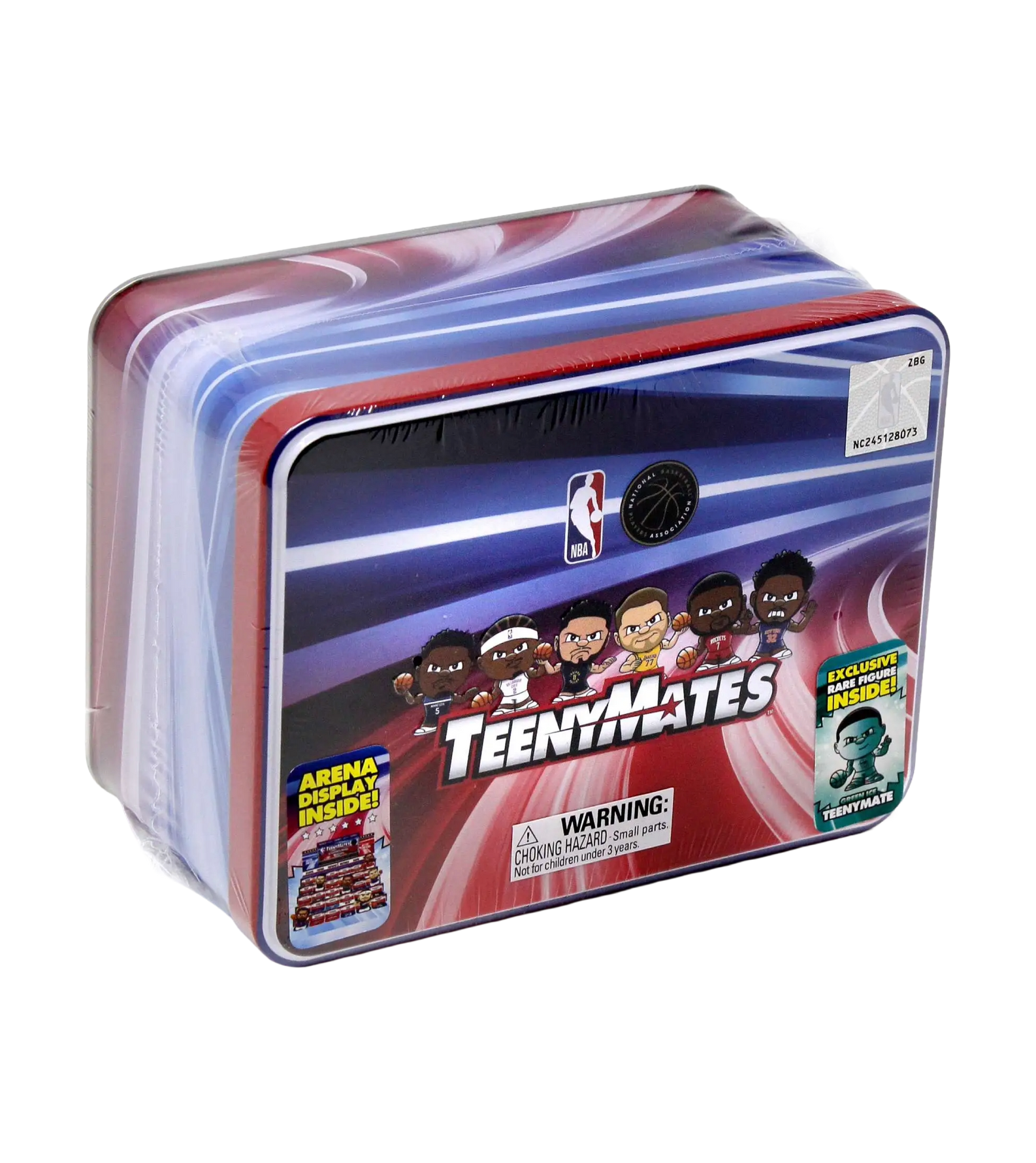Here's a rewritten version using your product data: The Party Animal NBA TeenyMates Collector Tin Set features a rectangular storage tin with cartoon basketball players on the lid, decorated in a vibrant red, blue, and white design and labeled with exclusives, standings board information, and a choking hazard warning.