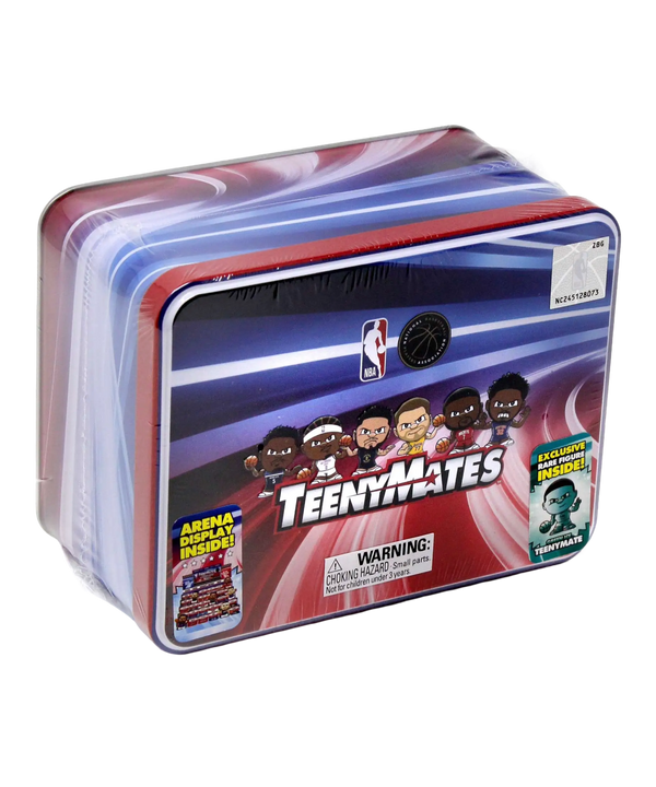 Here's a rewritten version using your product data: The Party Animal NBA TeenyMates Collector Tin Set features a rectangular storage tin with cartoon basketball players on the lid, decorated in a vibrant red, blue, and white design and labeled with exclusives, standings board information, and a choking hazard warning.
