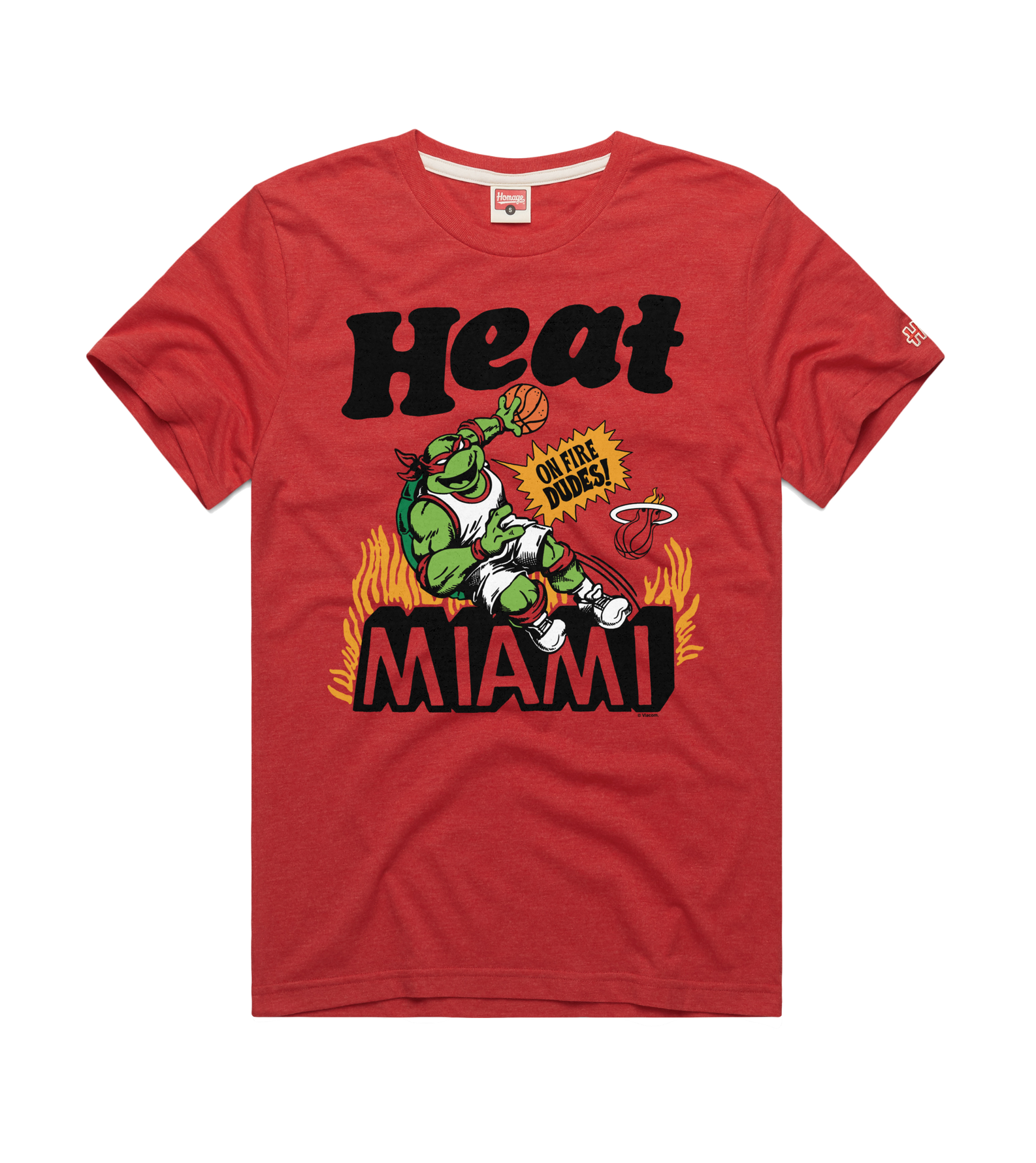 The Homage Miami HEAT Red TMNT Tee by Homage is a standard fit, polyester-cotton-rayon blend featuring a green mascot spinning a basketball with 