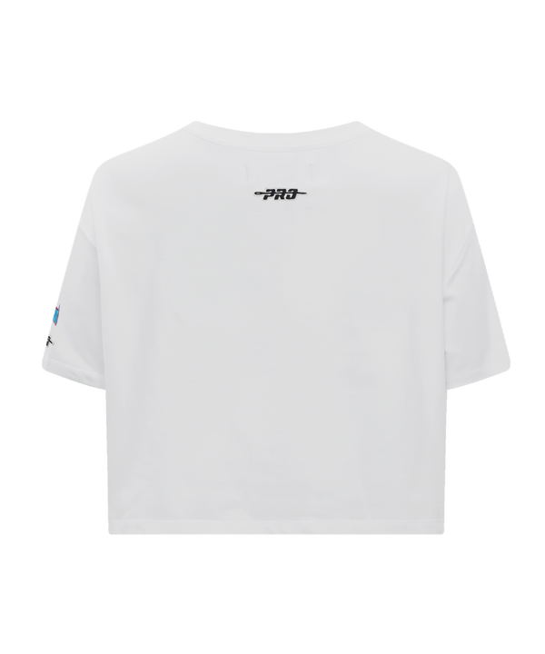 White boxy crop tee with pink and blue 