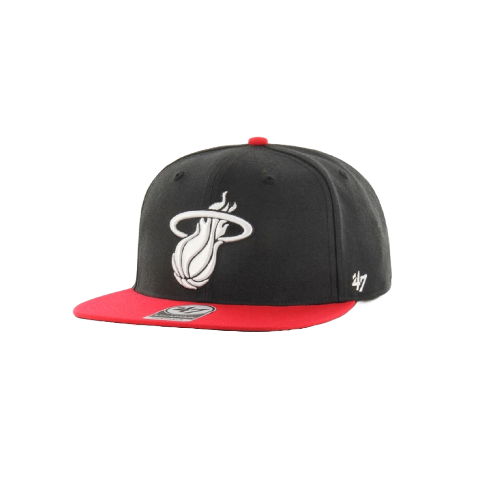 Black snapback cap with red flat brim and white Miami Heat flaming basketball logo on front.