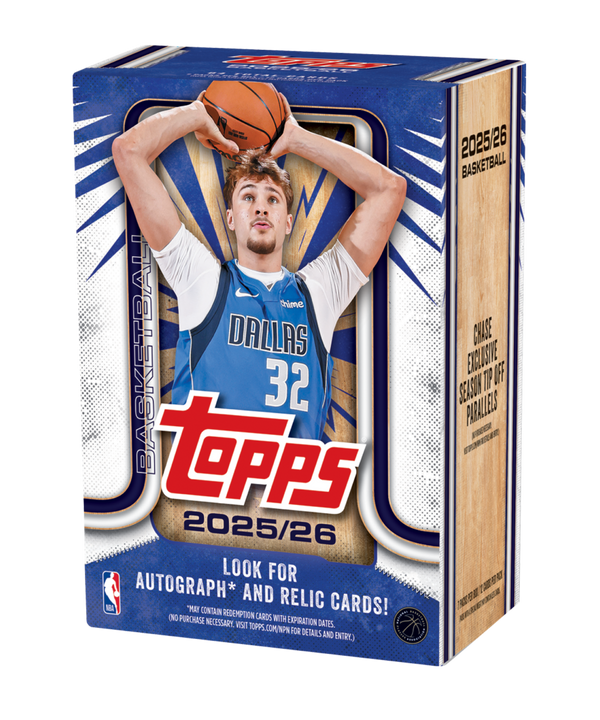 The 2025-26 Topps Basketball Value Box by TOPPS features a player in a blue Dallas #32 jersey holding a basketball, and advertises NBA trading cards with autographs, relic cards, and exclusive season tip-off parallels.