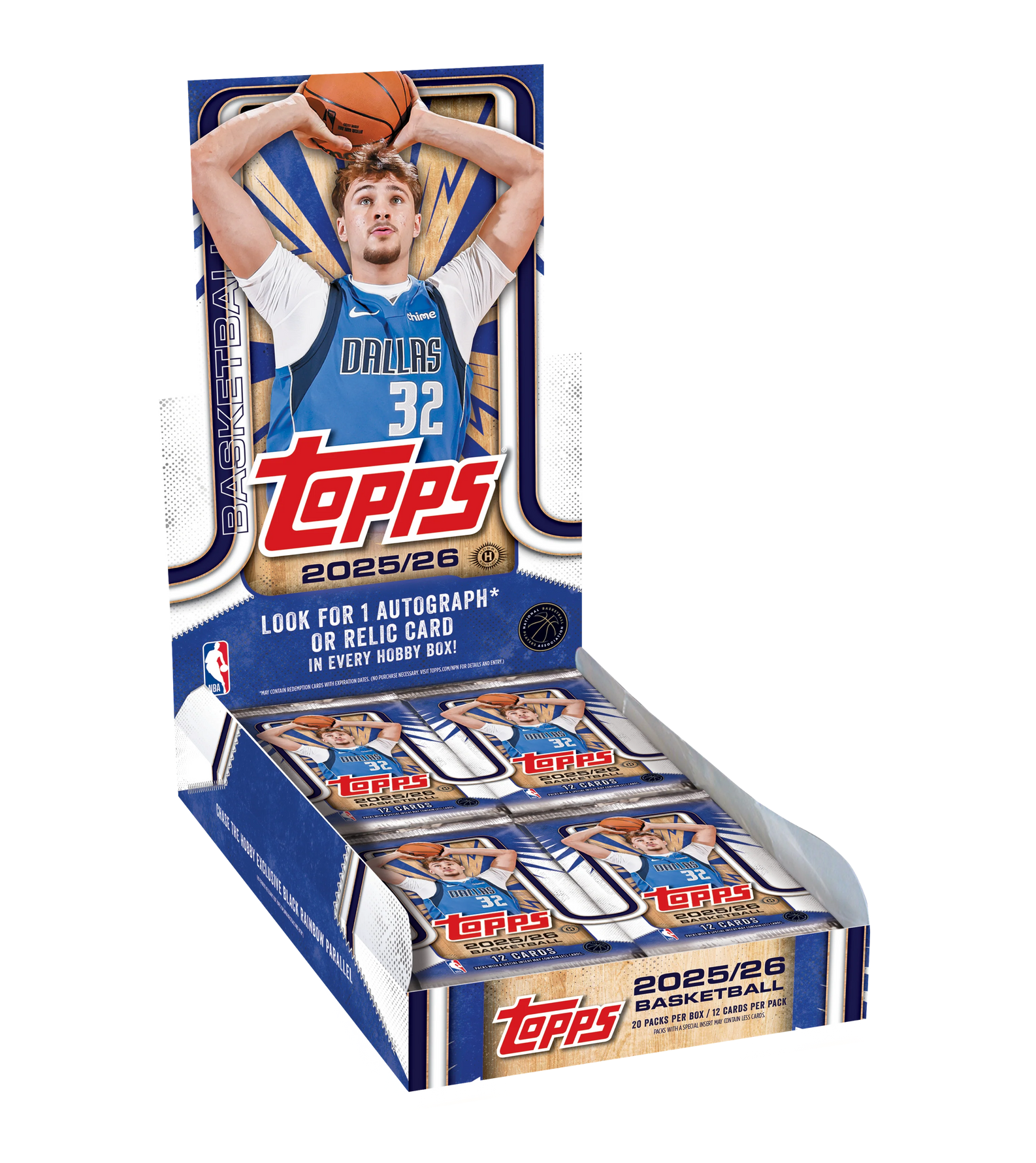 The 2025-26 Topps Basketball Hobby Box by TOPPS features a Dallas player on the cover and offers the chance to find autographs, relics, or rare Golden Mirror cards inside.