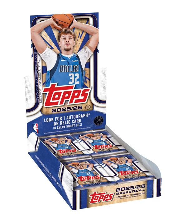 The 2025-26 Topps Basketball Hobby Box by TOPPS features a Dallas player on the cover and offers the chance to find autographs, relics, or rare Golden Mirror cards inside.