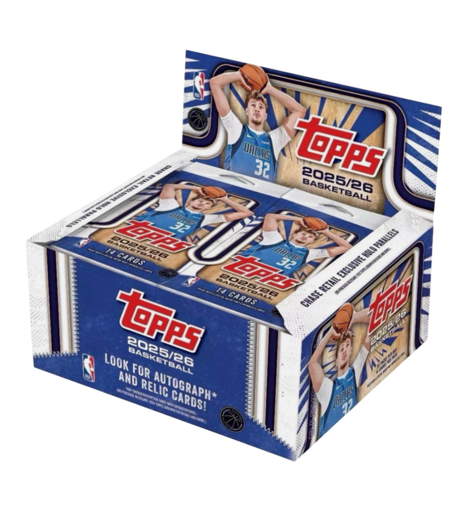 The 2025-26 Topps Basketball Flagship Box by TOPPS showcases a player in a blue uniform and advertises insert cards, autographed cards, and relic cards inside.