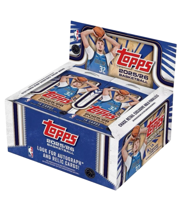 The 2025-26 Topps Basketball Flagship Box by TOPPS showcases a player in a blue uniform and advertises insert cards, autographed cards, and relic cards inside.