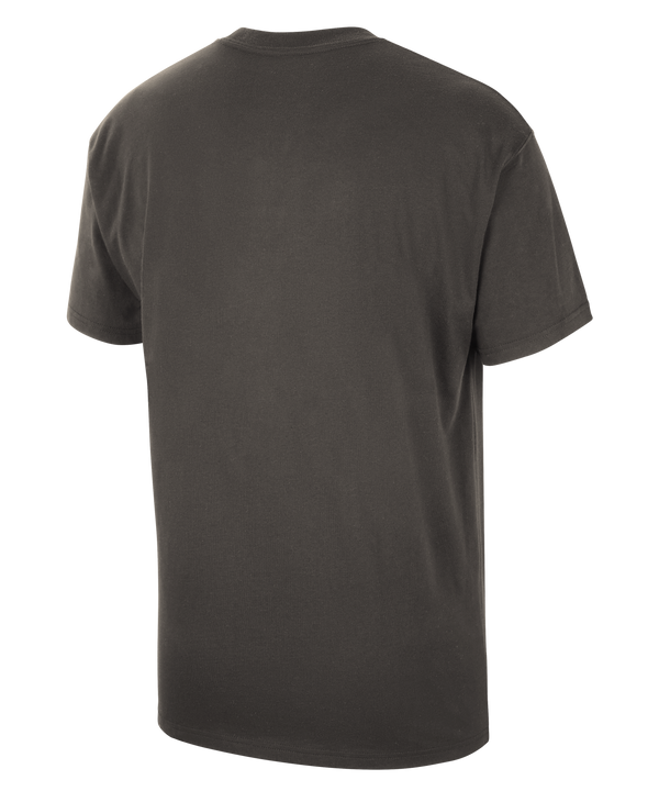 Introducing the Nike Miami HEAT Black Travel Tee: a dark gray cotton t-shirt with “MIAMI” boldly displayed in large black letters across the chest and a signature Nike logo centered just below. Perfect for any Miami HEAT fan on the go!.