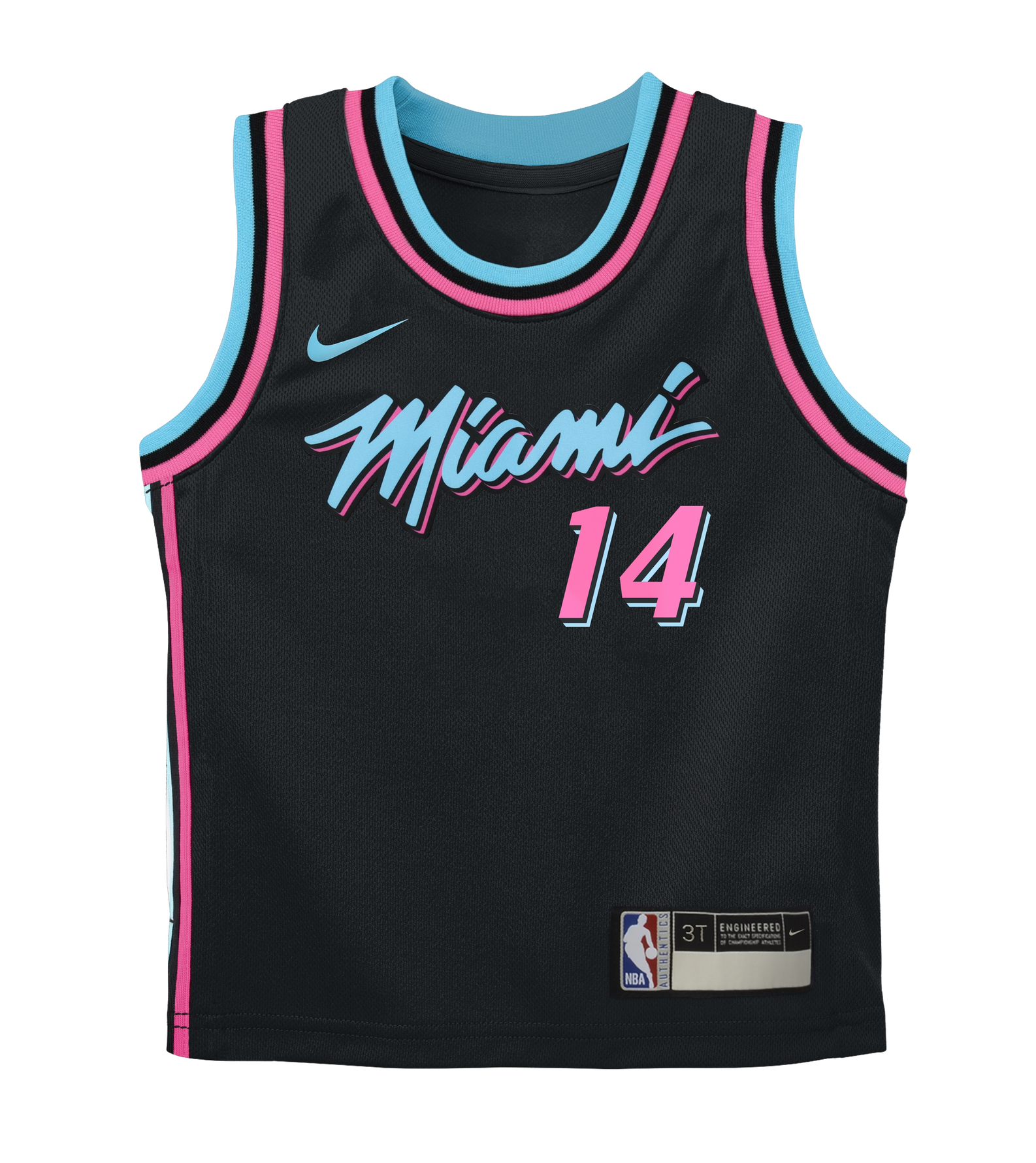 The Tyler Herro Nike Original Vice Nights Replica Kids Jersey features a black design with blue and pink accents, Miami script, number 14, NBA tag, durable polyester material, standard fit by Nike—machine washable for easy care.