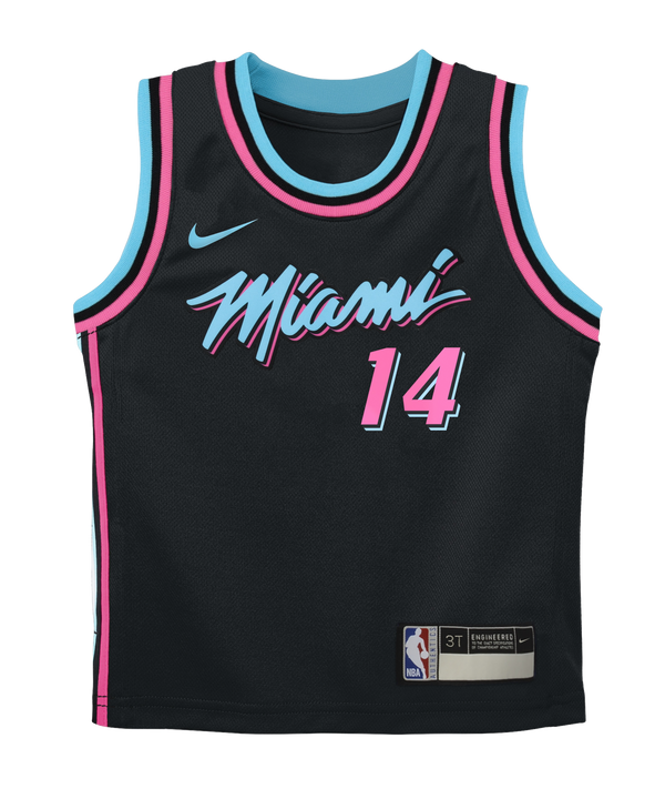 The Tyler Herro Nike Original Vice Nights Replica Kids Jersey features a black design with blue and pink accents, Miami script, number 14, NBA tag, durable polyester material, standard fit by Nike—machine washable for easy care.