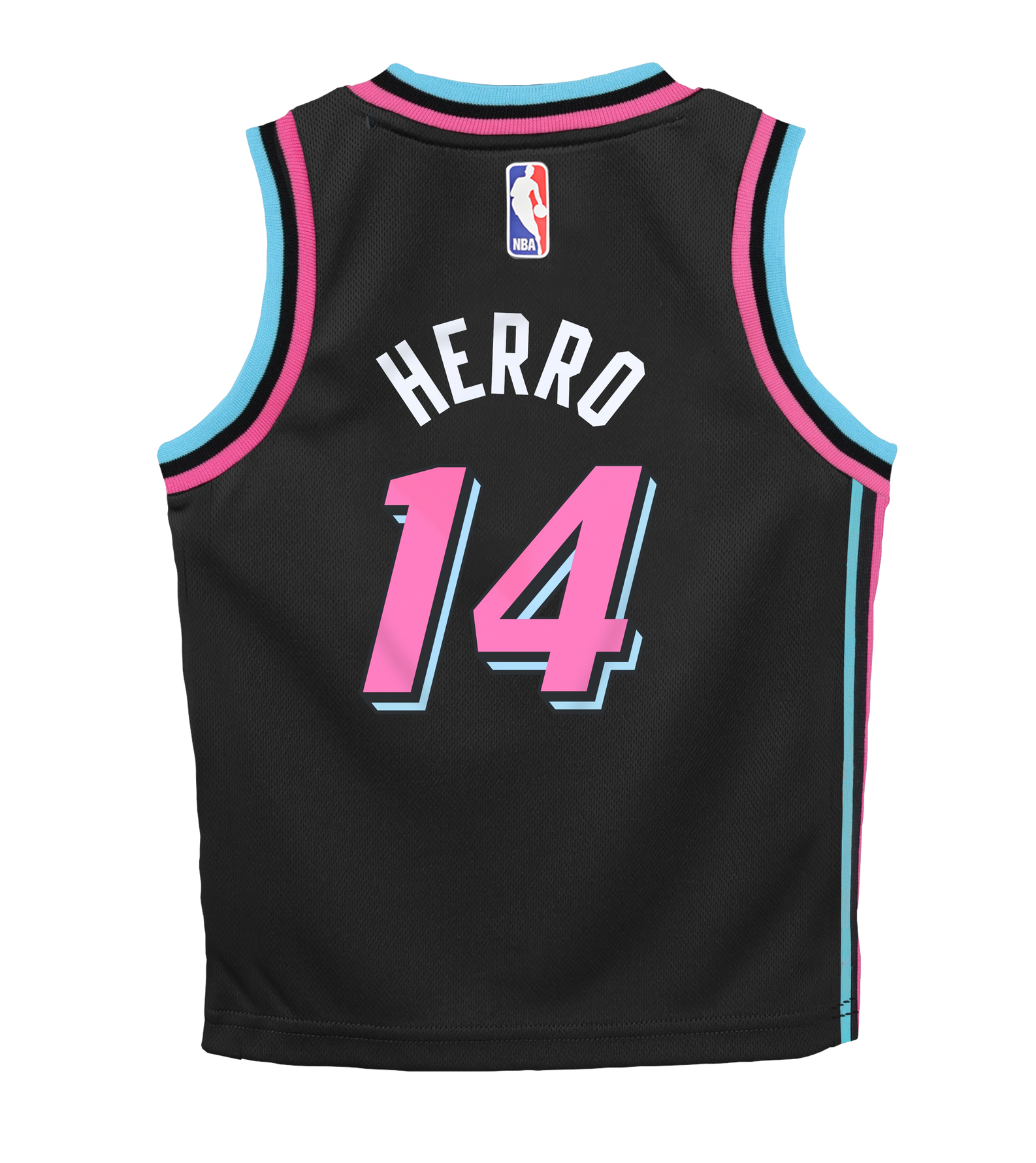 The Tyler Herro Nike Original Vice Nights Replica Kids Jersey by Nike features a black polyester build with blue and pink trim, HERRO and #14 in large pink-outlined text on the back, plus NBA logo. Standard fit; machine washable.