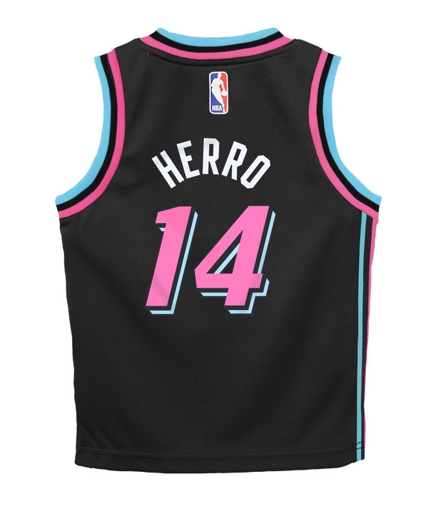The Tyler Herro Nike Original Vice Nights Replica Kids Jersey features a black design with blue and pink accents, Miami script, number 14, NBA tag, durable polyester material, standard fit by Nike—machine washable for easy care.