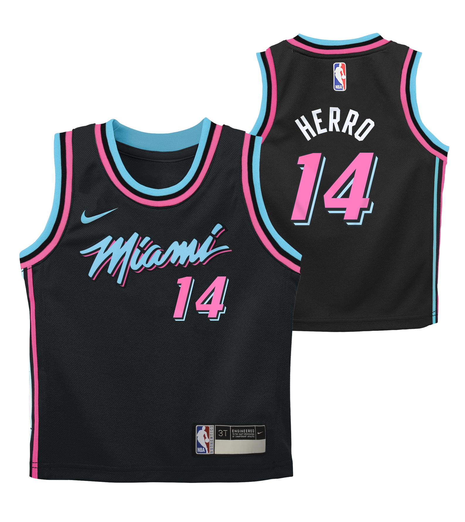 The Tyler Herro Nike Original Vice Nights Replica Kids Jersey by Nike is black with pink and blue accents, features 