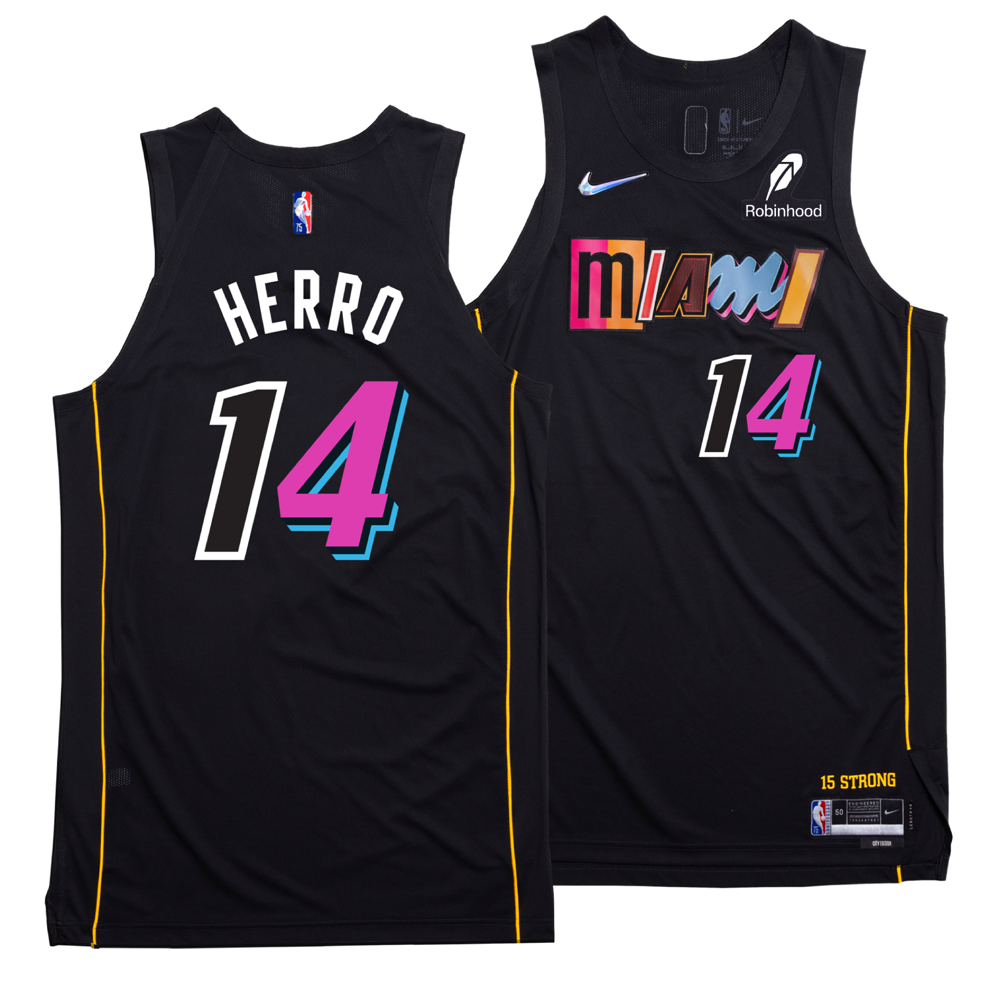 Front and back views of the Nike Tyler Herro Miami HEAT Mashup Swingman Jersey - Player's Choice, number 14. This black jersey features colorful Miami text with vibrant pink, blue, and white accents.
