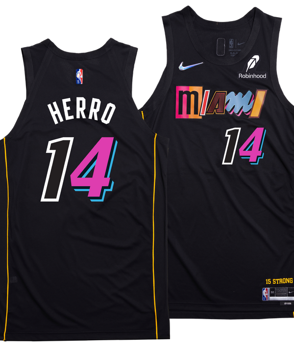 Front and back views of the Nike Tyler Herro Miami HEAT Mashup Swingman Jersey - Player's Choice, number 14. This black jersey features colorful Miami text with vibrant pink, blue, and white accents.
