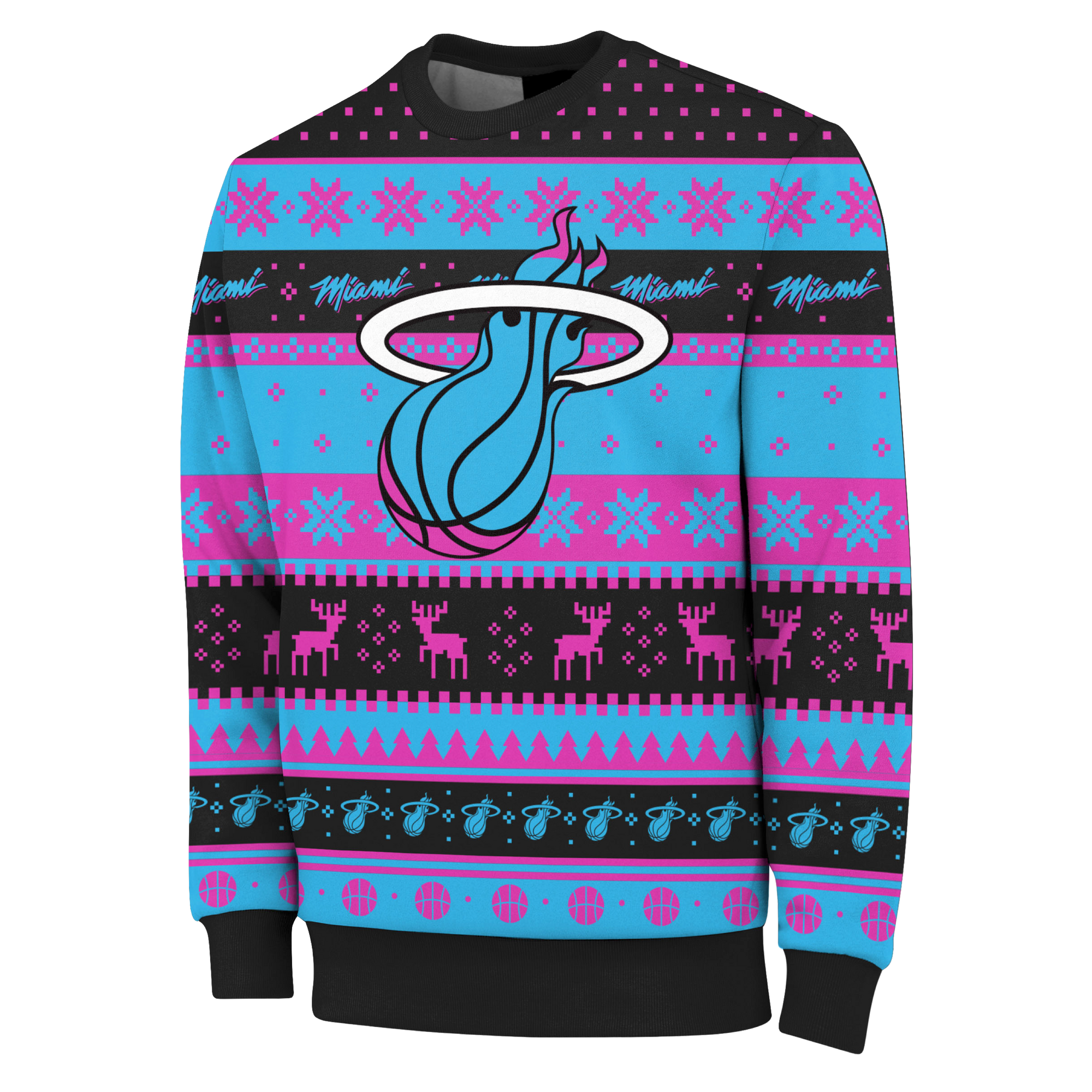 The Forever Collectibles Miami HEAT Original Vice Nights Ugly Sweater features pink, blue, and black patterns with Heat logos, reindeer, snowflakes, and basketballs in a festive polyester relaxed fit.