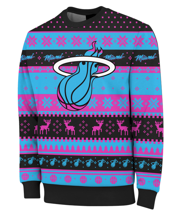 The Forever Collectibles Miami HEAT Original Vice Nights Ugly Sweater features pink, blue, and black patterns with Heat logos, reindeer, snowflakes, and basketballs in a festive polyester relaxed fit.