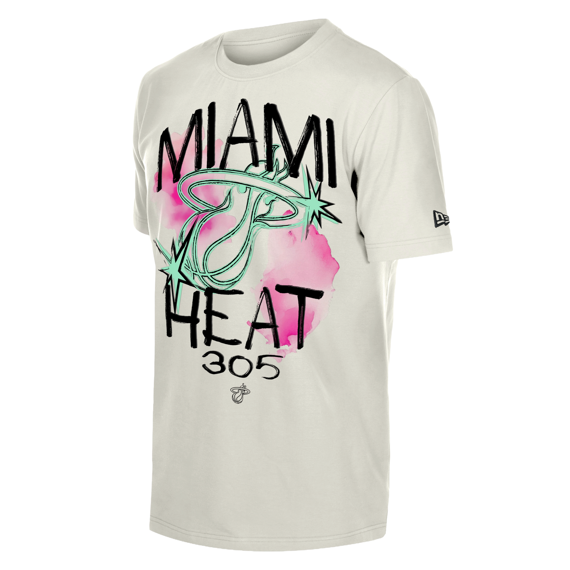 The New Era Miami HEAT 305 Punk Core Tee is a white cotton t-shirt with a neon green flaming basketball and pink brushstroke Miami Heat 305 graphic, standard fit, machine washable, and features the New Era logo on the left sleeve.