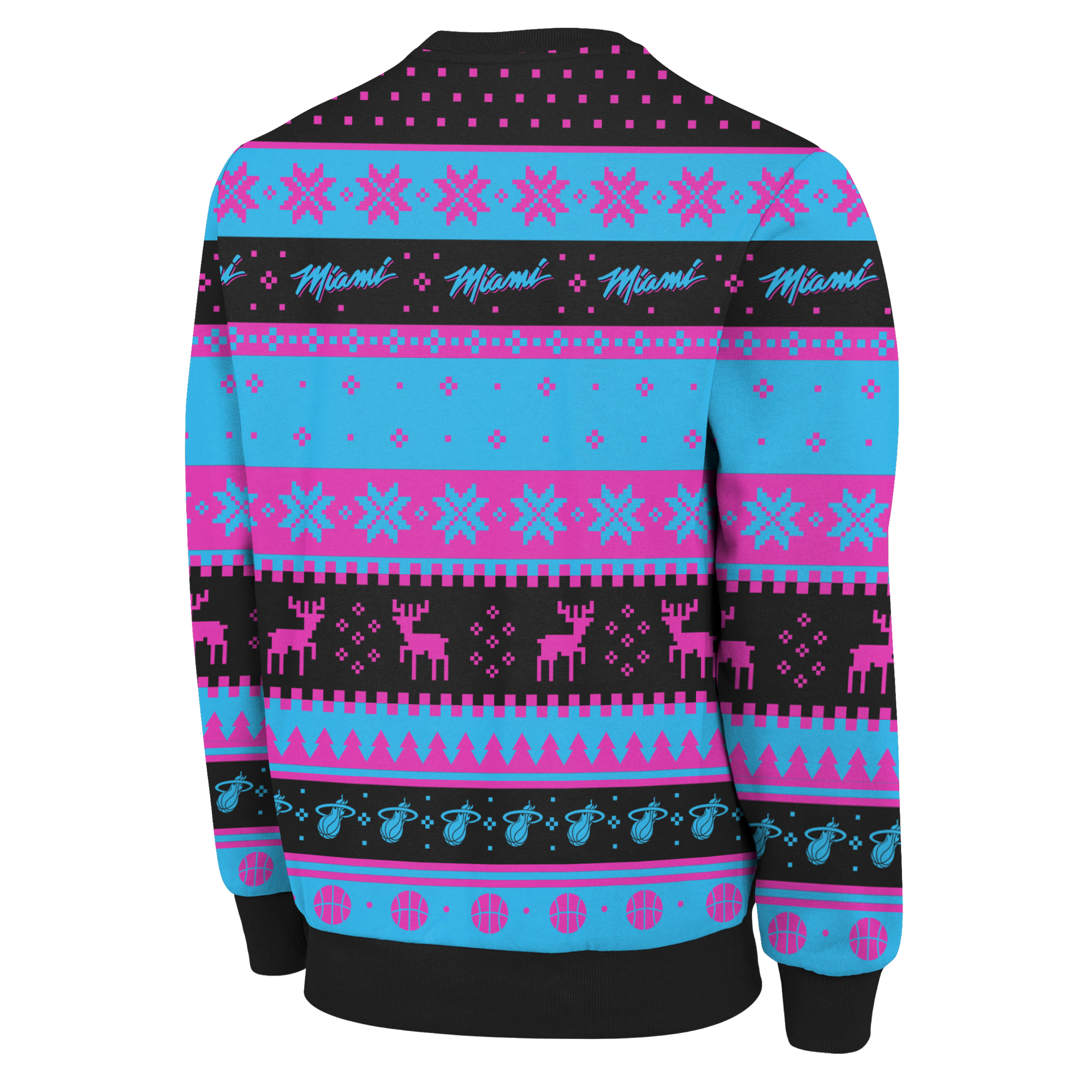 The Miami HEAT Original Vice Nights Ugly Sweater by Forever Collectibles features pink, blue, and black Miami-themed patterns with MIAMI text, reindeer, basketballs, snowflakes, flamingos; black collar/cuffs/hem; relaxed polyester fit. Machine wash cold.