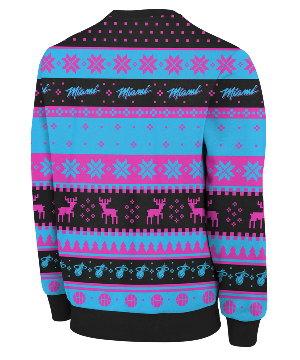 The Forever Collectibles Miami HEAT Original Vice Nights Ugly Sweater features pink, blue, and black patterns with Heat logos, reindeer, snowflakes, and basketballs in a festive polyester relaxed fit.