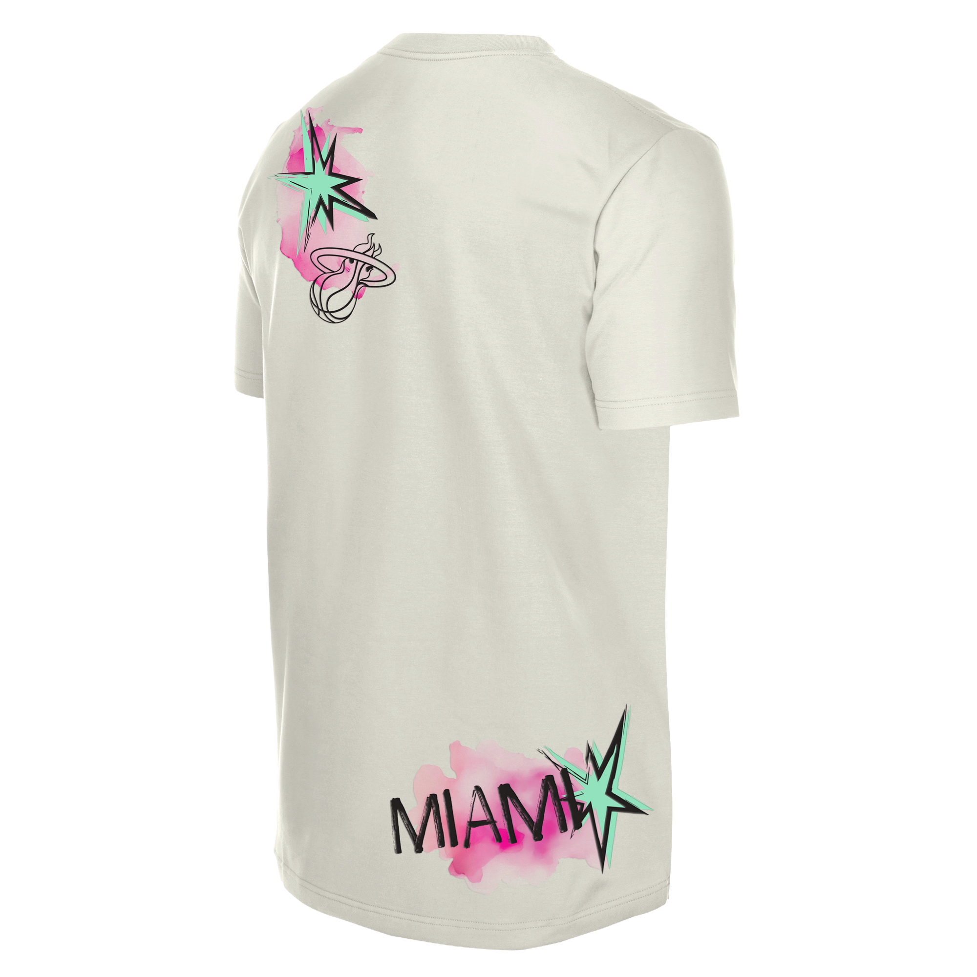 The New Era Miami HEAT 305 Punk Core Tee is a white cotton t-shirt with a standard fit, pink and green star designs, 