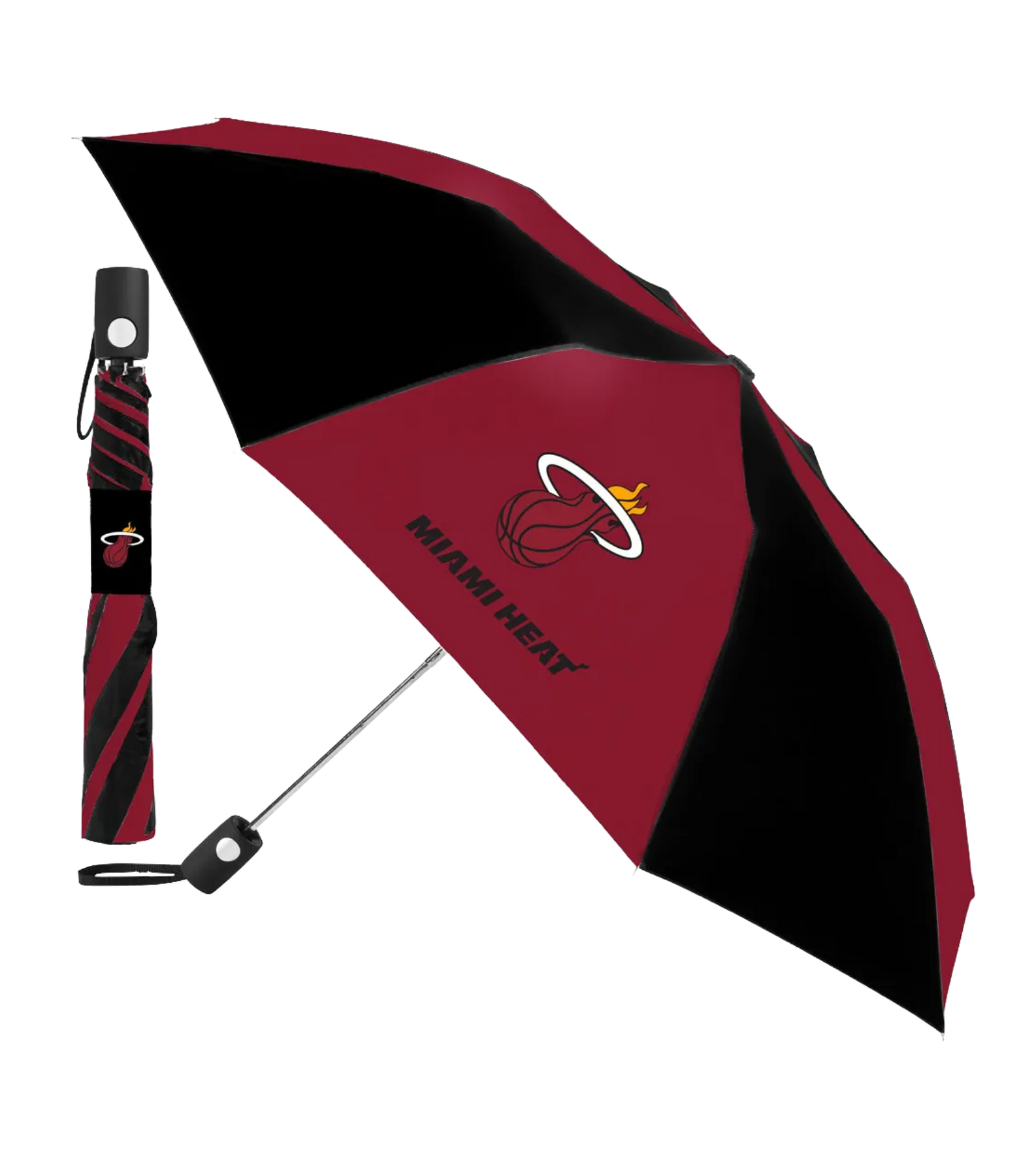 The Wincraft Miami HEAT Umbrella by Wincraft is shown open in team colors with logo and text, alongside a matching folding sleeve featuring the same vibrant design.