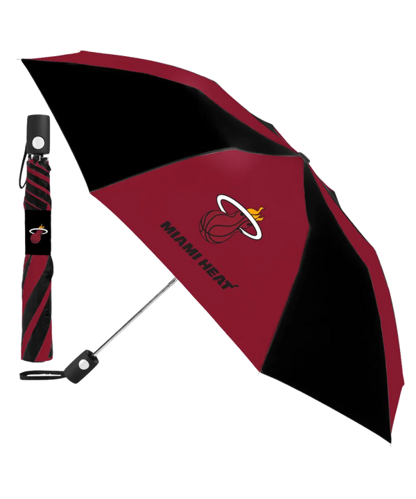 The Wincraft Miami HEAT Umbrella by Wincraft is shown open in team colors with logo and text, alongside a matching folding sleeve featuring the same vibrant design.