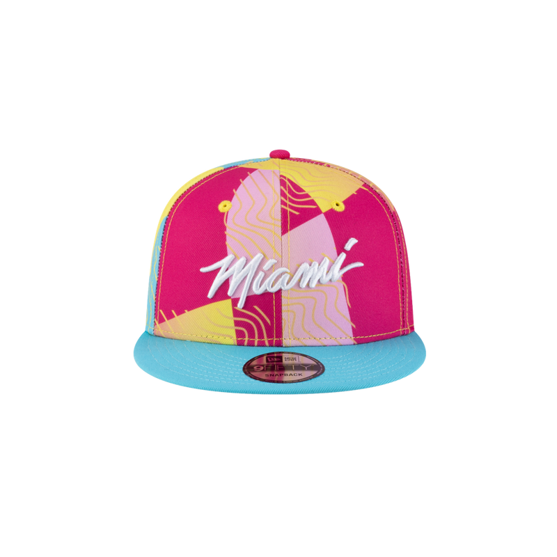 The Court Culture Original Vice Nights "Prism" Snapback features a bright pink, yellow, and blue abstract pattern with “Miami” in white script and a solid light blue brim. Polyester, one size fits most; spot clean for best results.