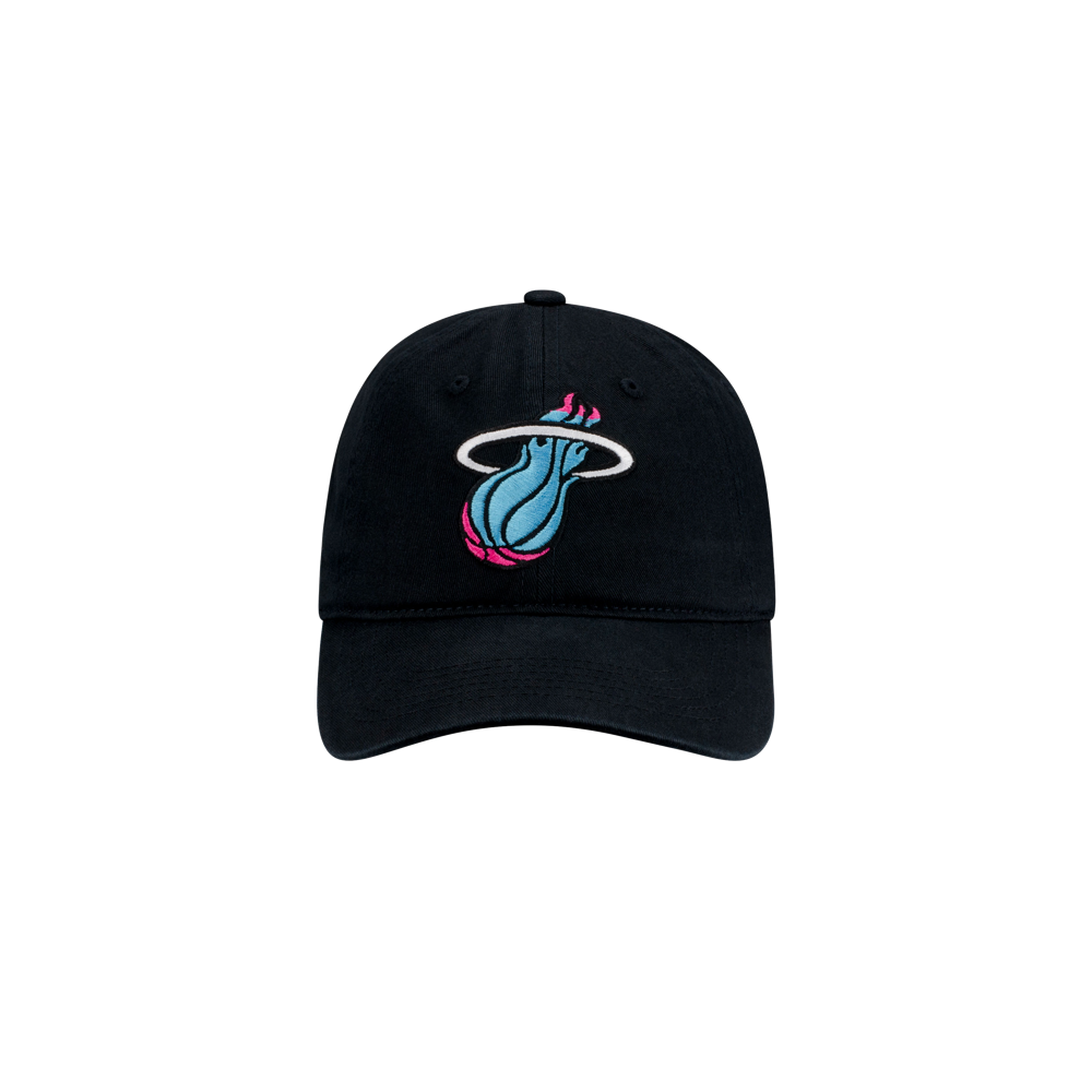 The Item Of The Game Miami HEAT Original Vice Nights Logo Dad Hat is a black cotton hat with a blue, pink, and white flaming basketball logo on the front. Displayed on a light grey background. One size fits most; easy to spot clean.